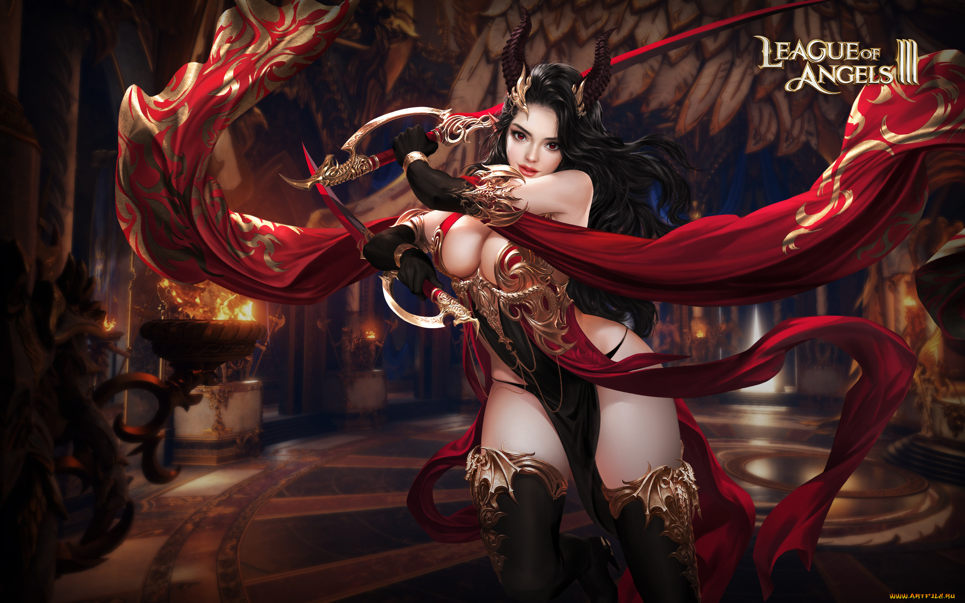 видео, игры, league, of, angels, мечи, рога, девушка, зал