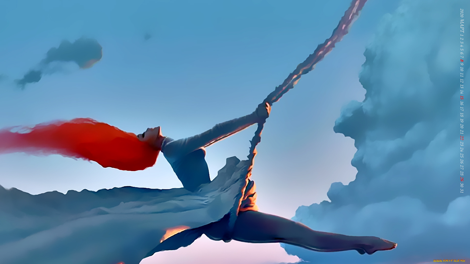 календари, фэнтези, девушка, рыжая, облако, качели, calendar, 2020