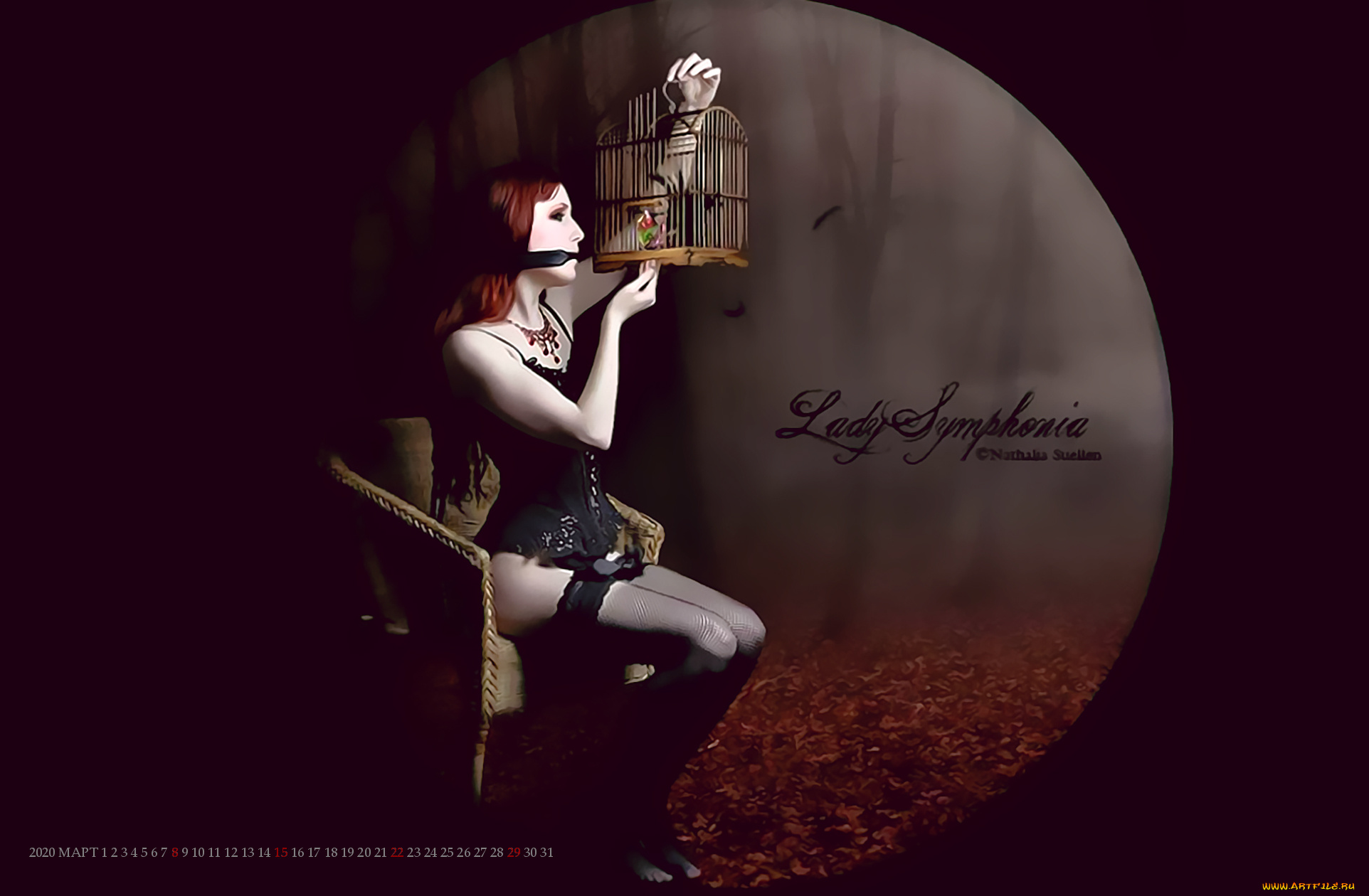 календари, фэнтези, клетка, девушка, кресло, листья, осень, calendar, 2020