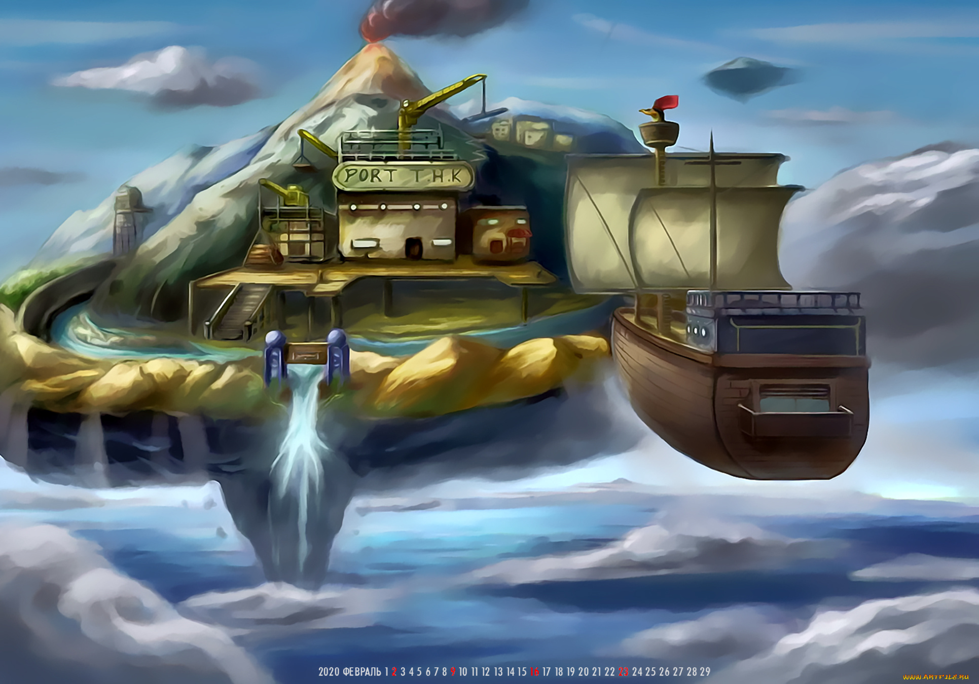 календари, фэнтези, планета, парусник, полет, calendar, 2020