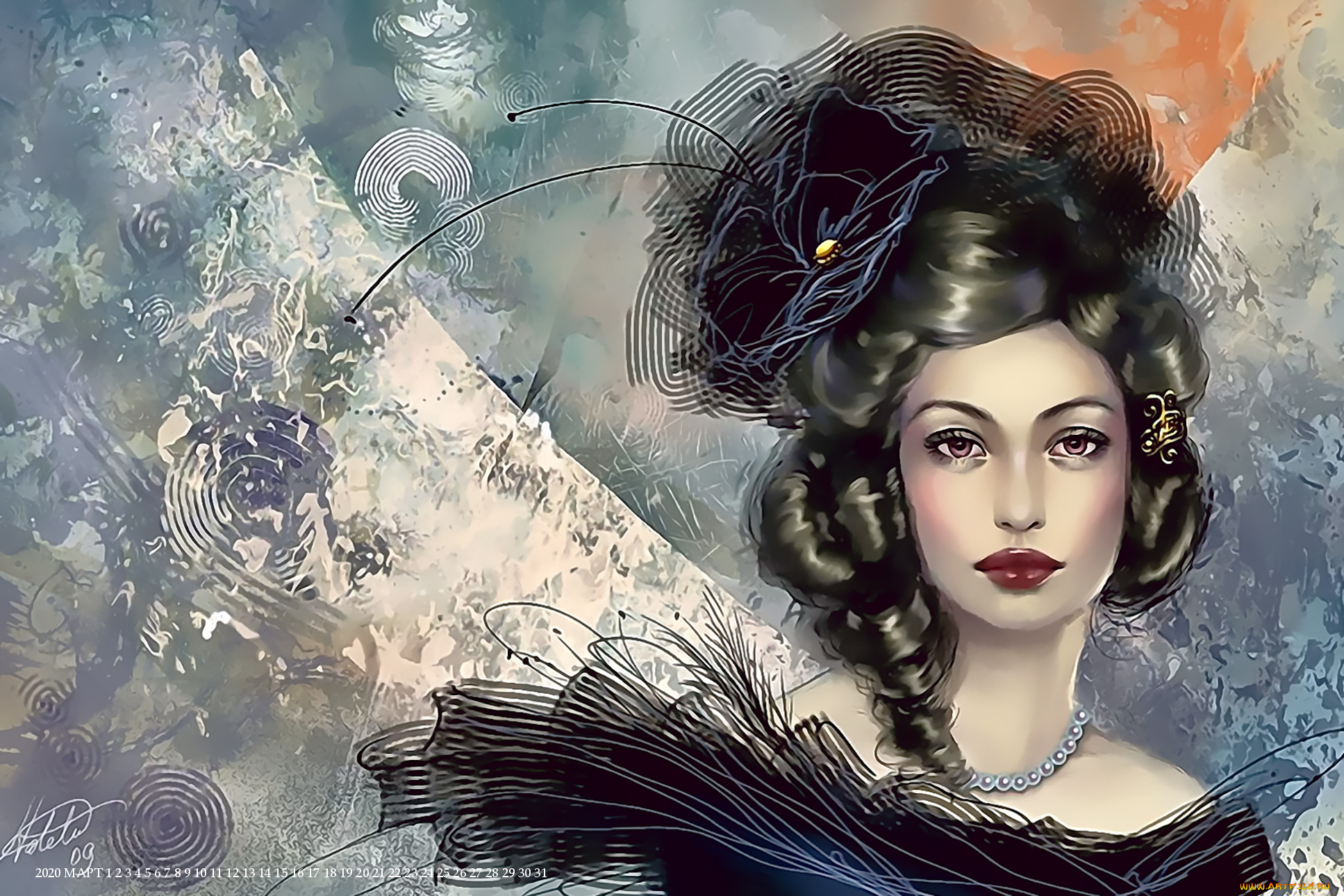 календари, рисованные, , векторная, графика, взгляд, лицо, девушка, calendar, 2020