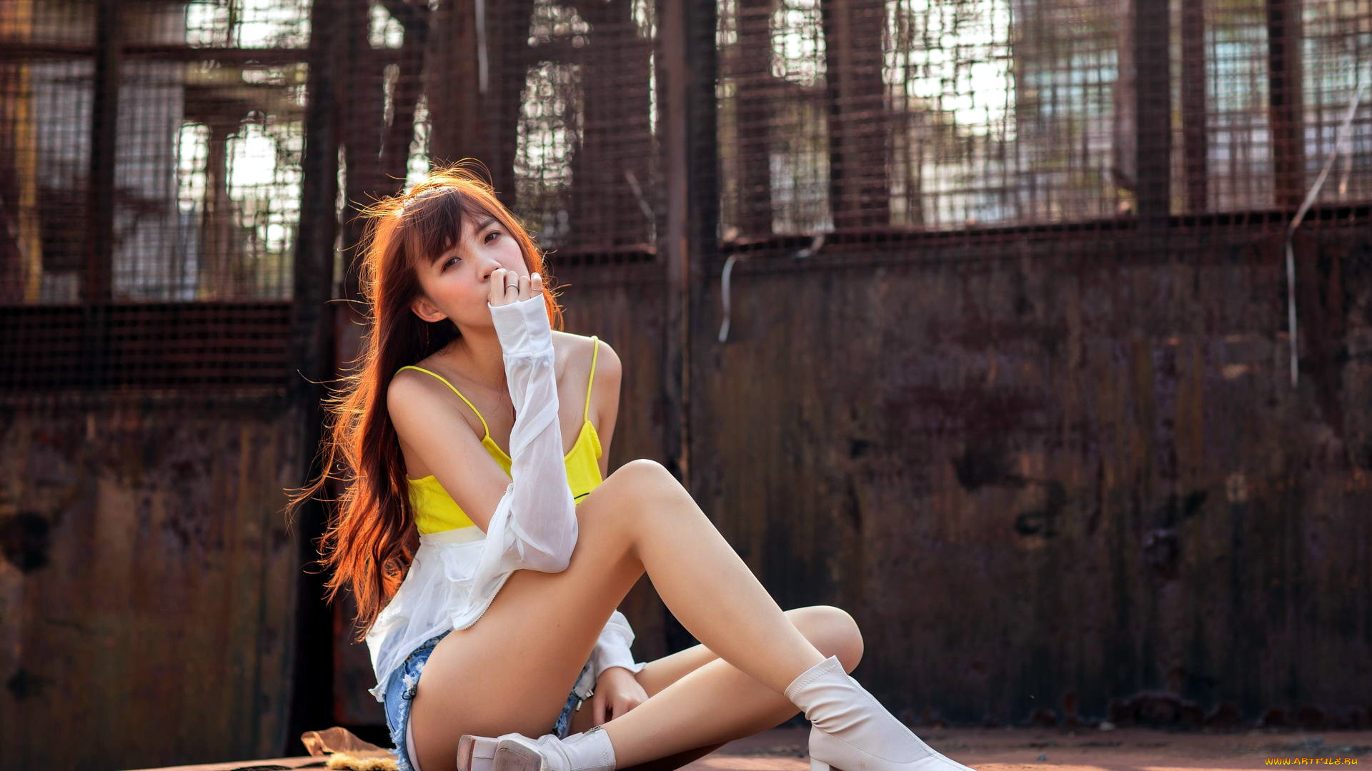 девушки, -, азиатки, азиатка, рыжие, волосы, поза