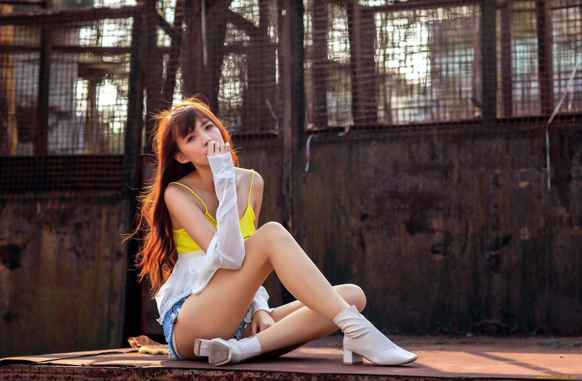 девушки, -, азиатки, азиатка, рыжие, волосы, поза