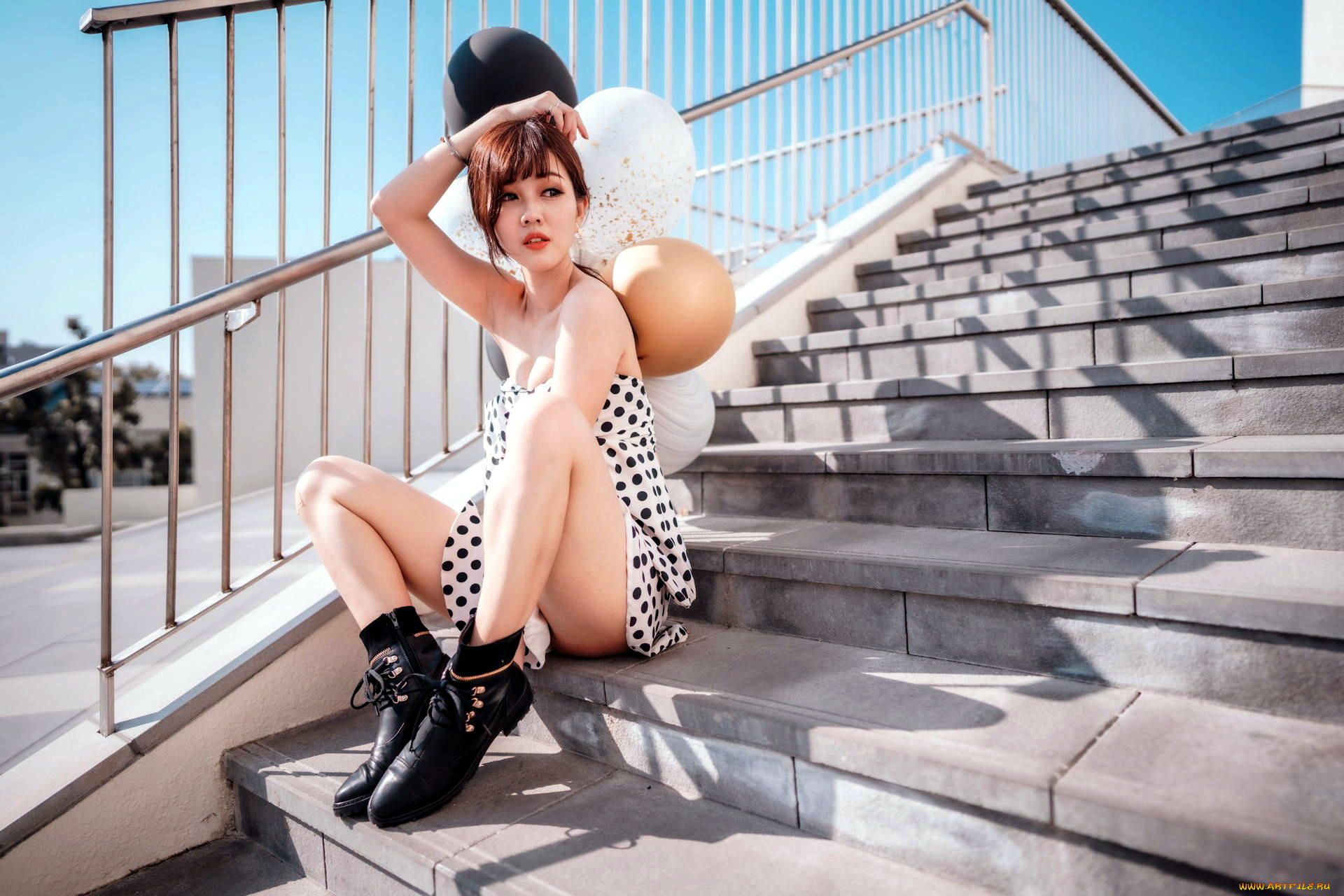 девушки, -, азиатки, лестница, азиатка, шарики, поза