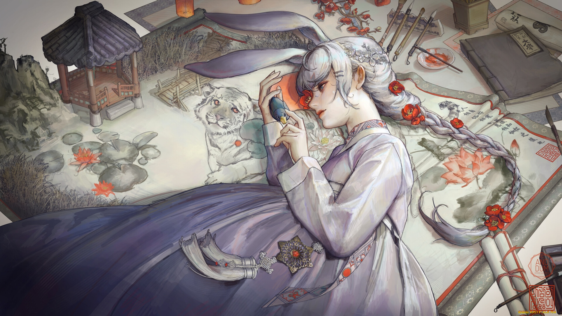 аниме, животные, , существа, девушка, ушки, ковер