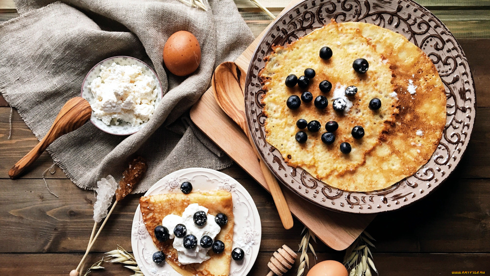еда, блины, , оладьи, творог, черника