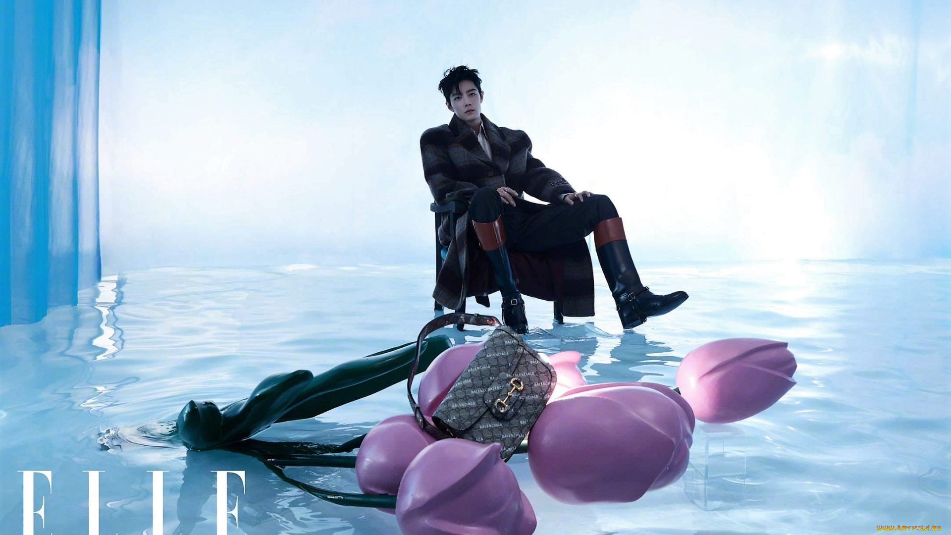 мужчины, xiao, zhan, пальто, сапоги, сумка, цветы, лед