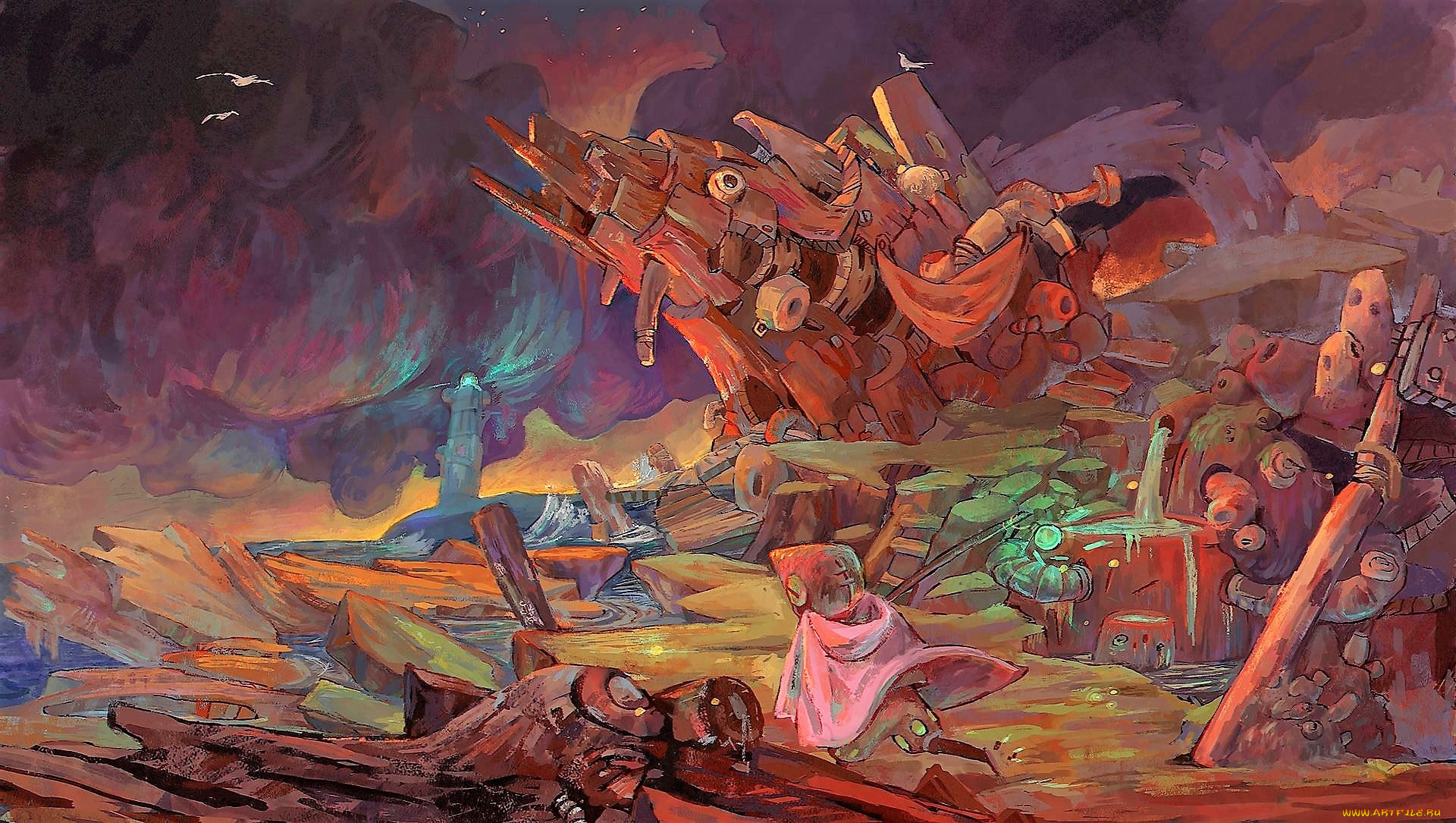 фэнтези, роботы, , киборги, , механизмы, механизм, скалы, маяк