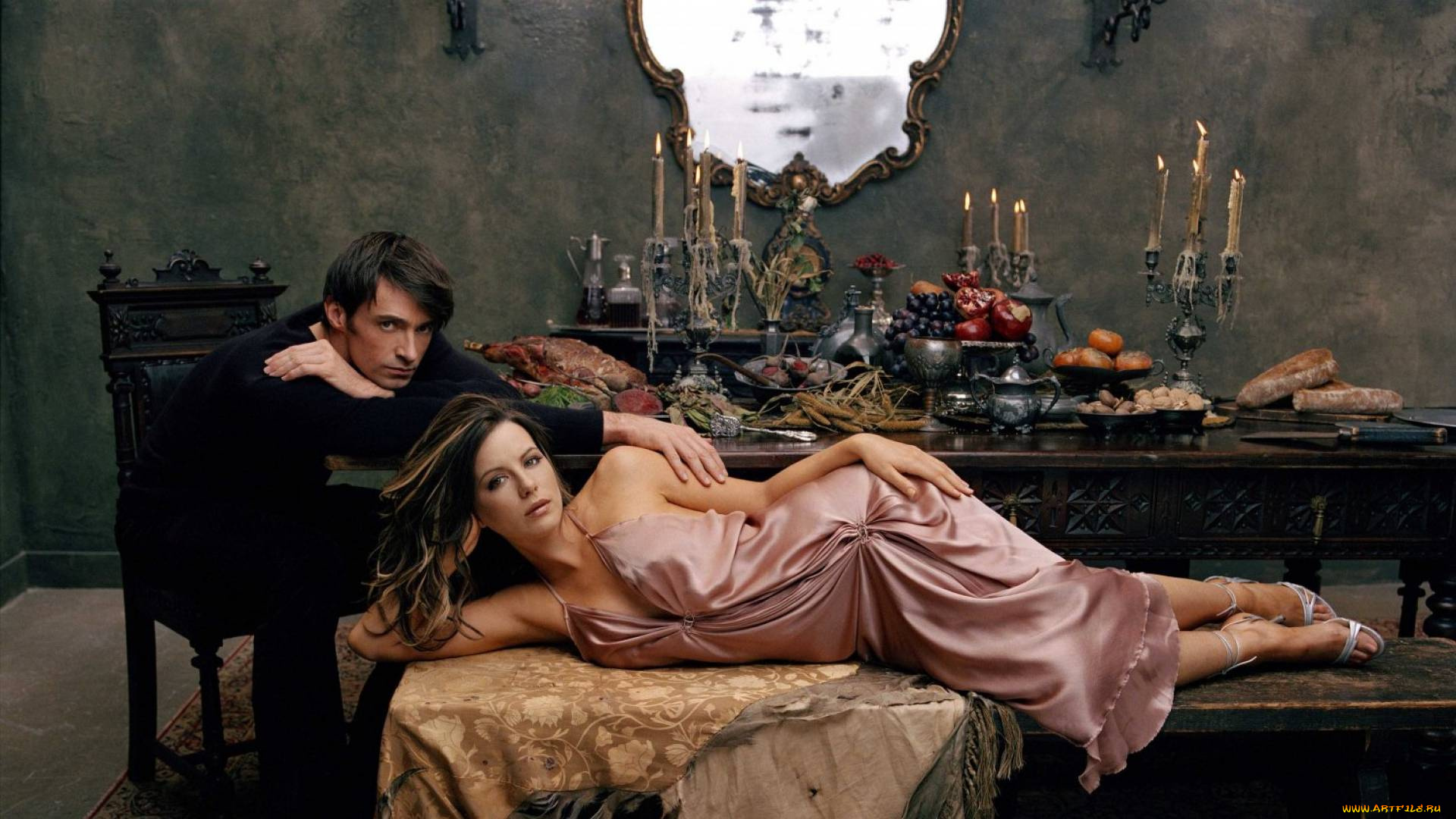 hugh, jackman, with, kate, beckinsale, разное, знаменитости, актеры, стол, скамейки, угощение