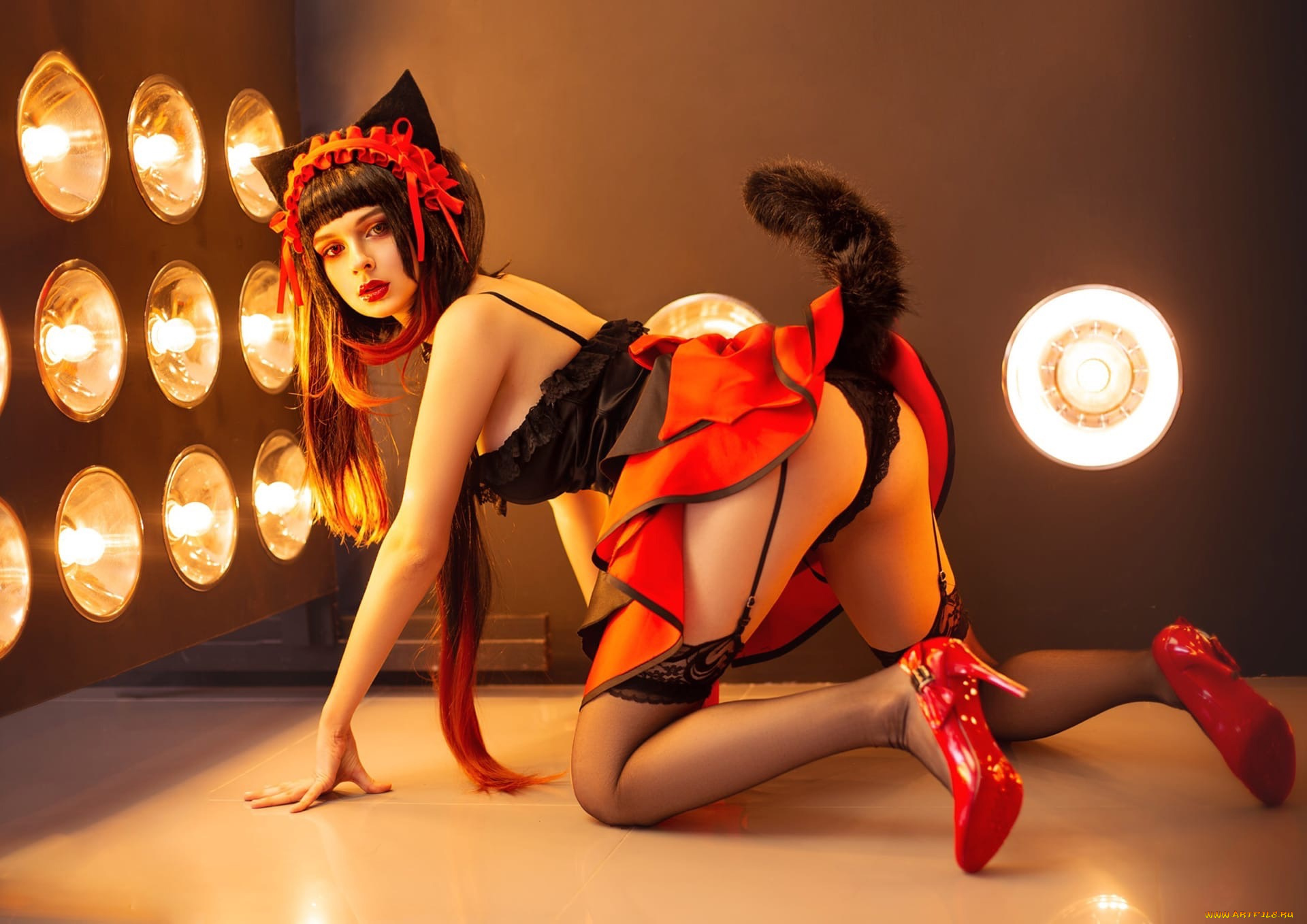 девушки, kurumirori, образ, костюм, хвост, свет