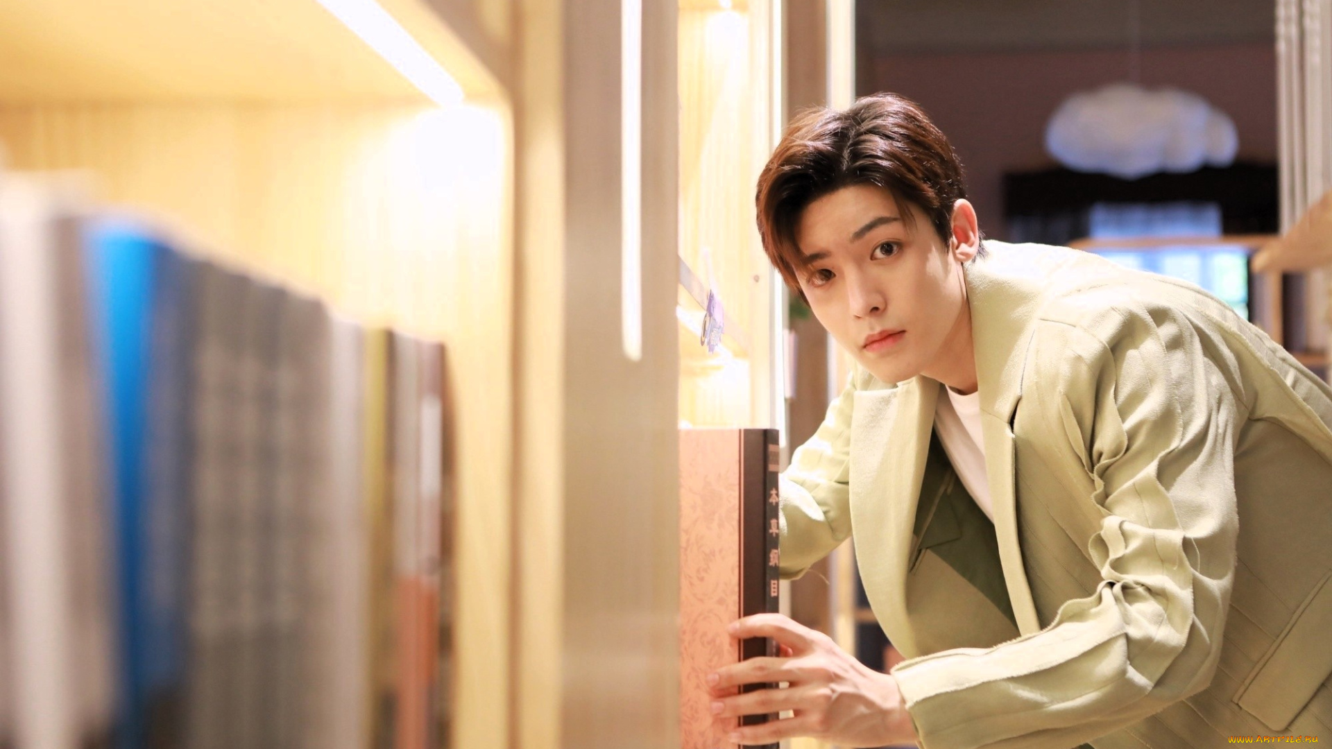 мужчины, hou, ming, hao, актер, куртка, библиотека, книги, полки