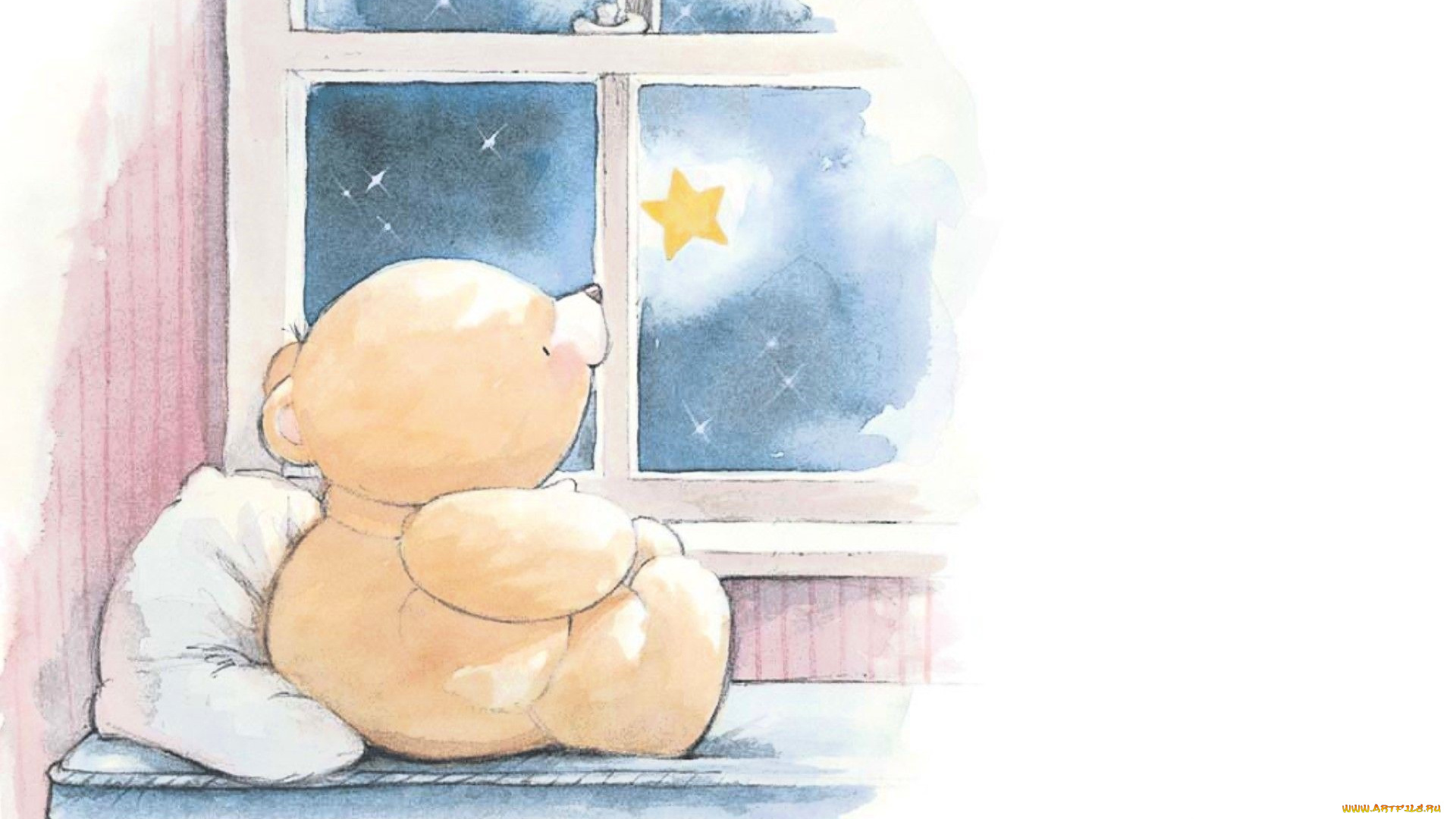 рисованное, мишки, тэдди, мишка, окно, подушки, звезда