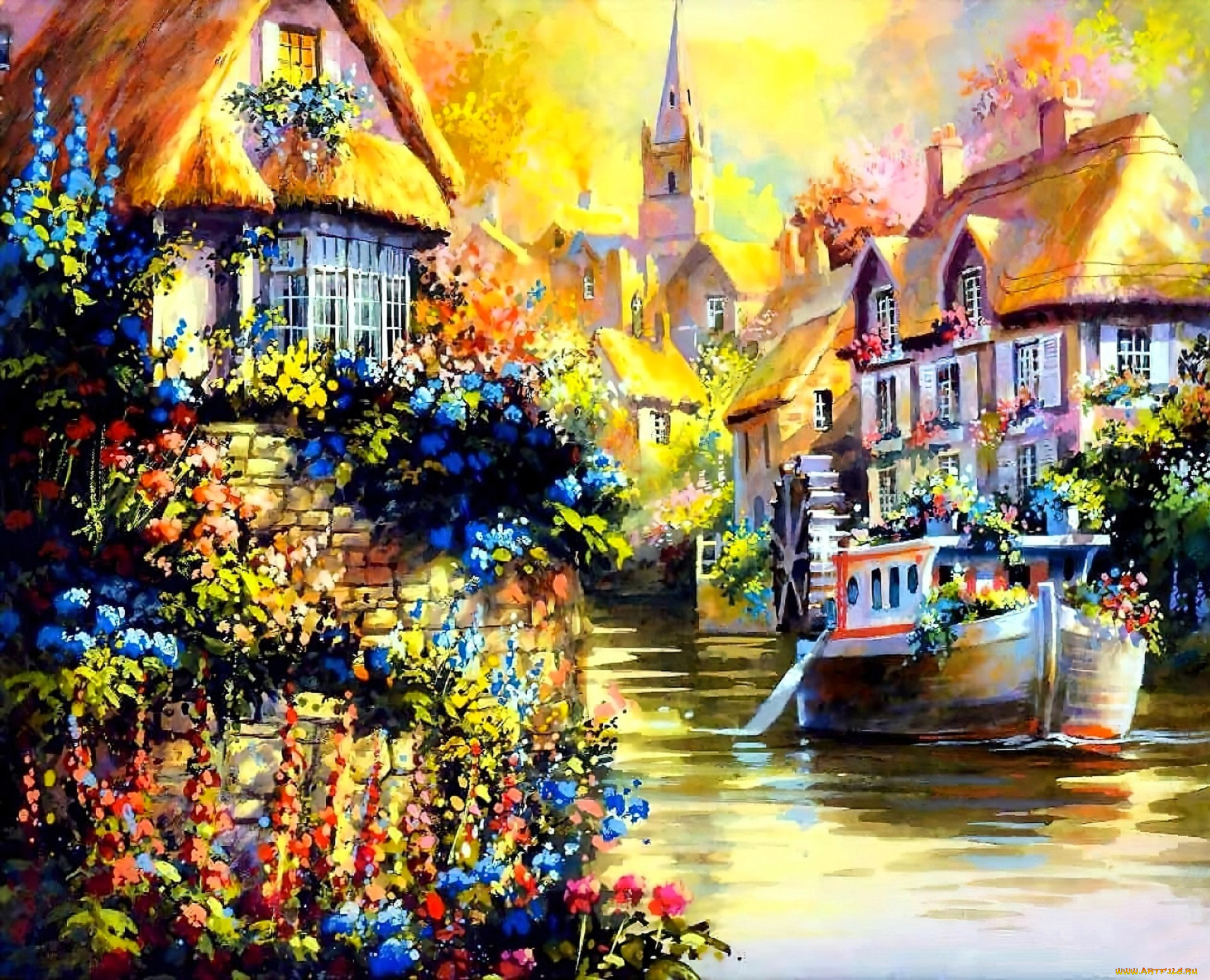 рисованное, jim, mitchell, дома, катер, река