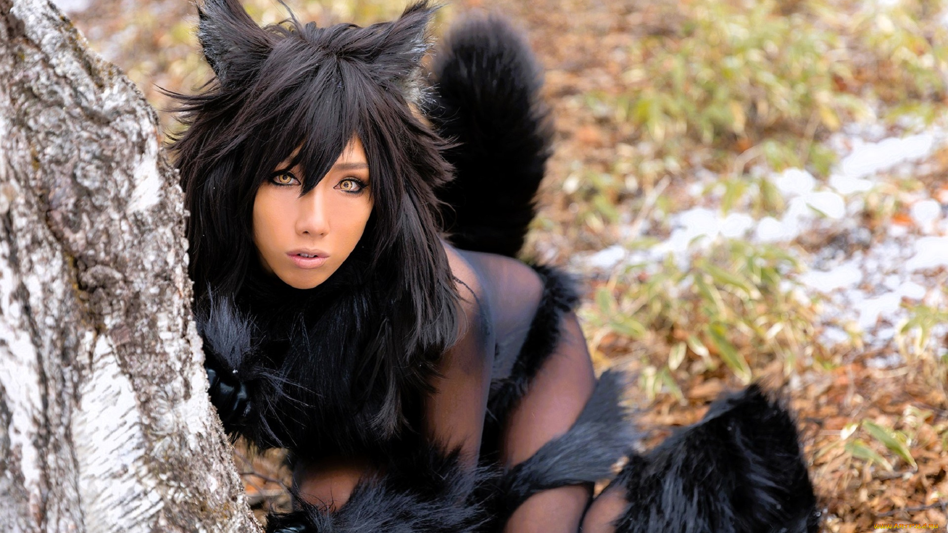 девушки, nonsummerjack, образ, косплей, наряд, мех, костюм, лес, березы, снег, ушки, хвост