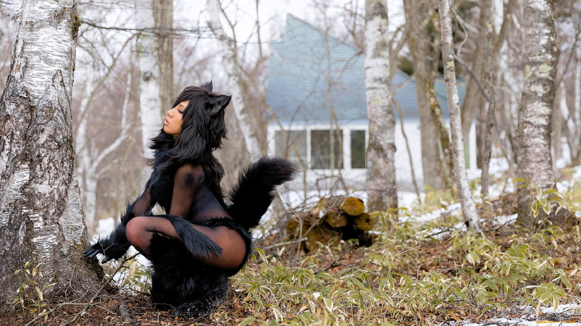 девушки, nonsummerjack, образ, косплей, наряд, мех, костюм, лес, березы, снег, ушки, хвост, дом