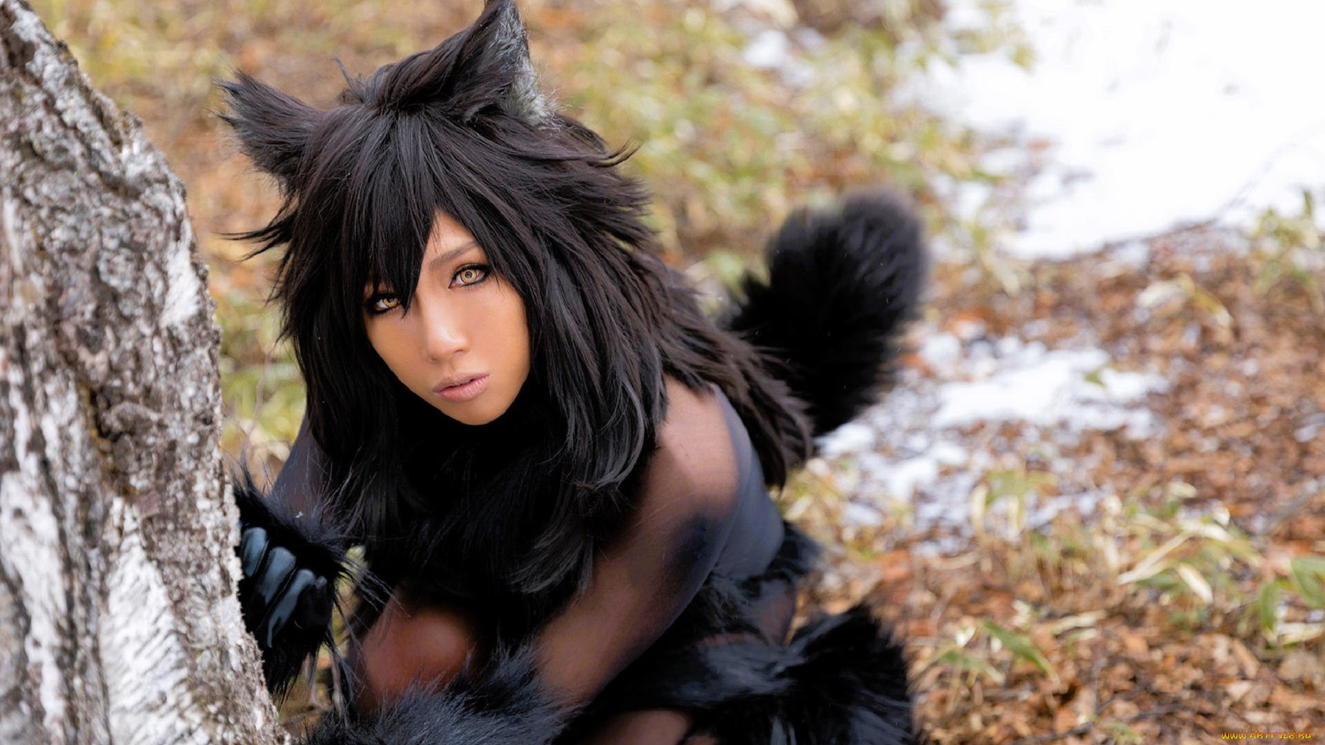 девушки, nonsummerjack, образ, косплей, наряд, мех, костюм, лес, березы, снег, ушки, хвост