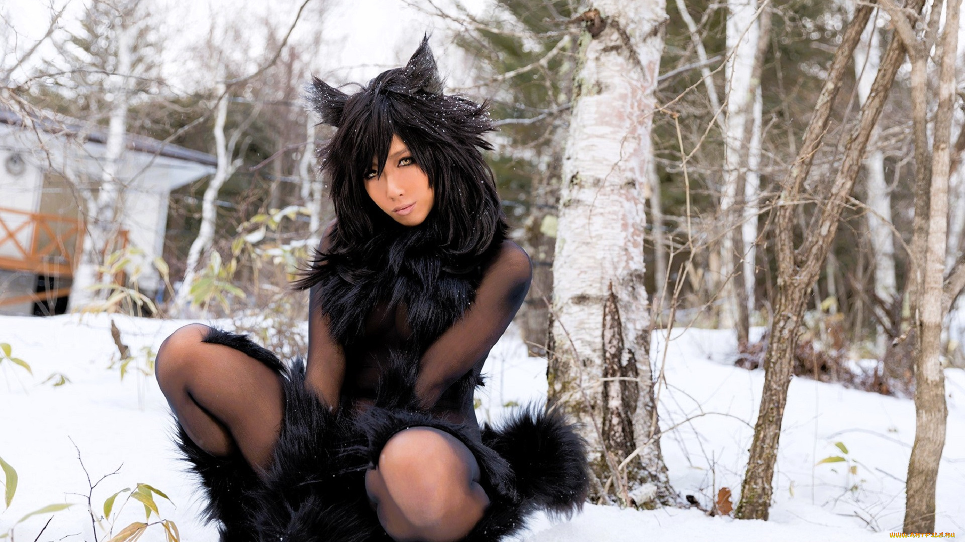 девушки, nonsummerjack, образ, косплей, наряд, мех, костюм, лес, березы, снег, ушки, хвост