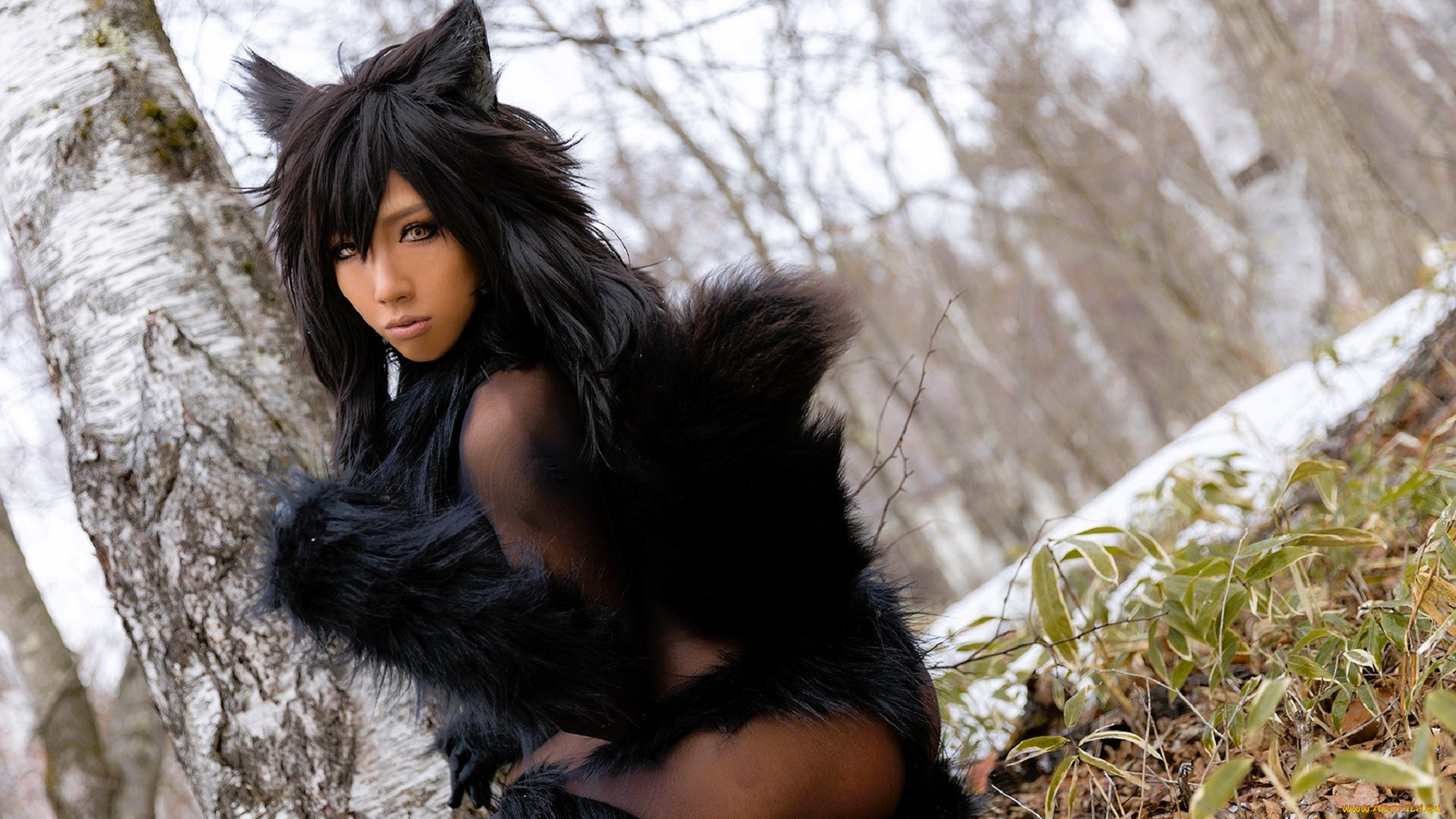 девушки, nonsummerjack, образ, косплей, наряд, мех, костюм, лес, березы, снег, ушки, хвост