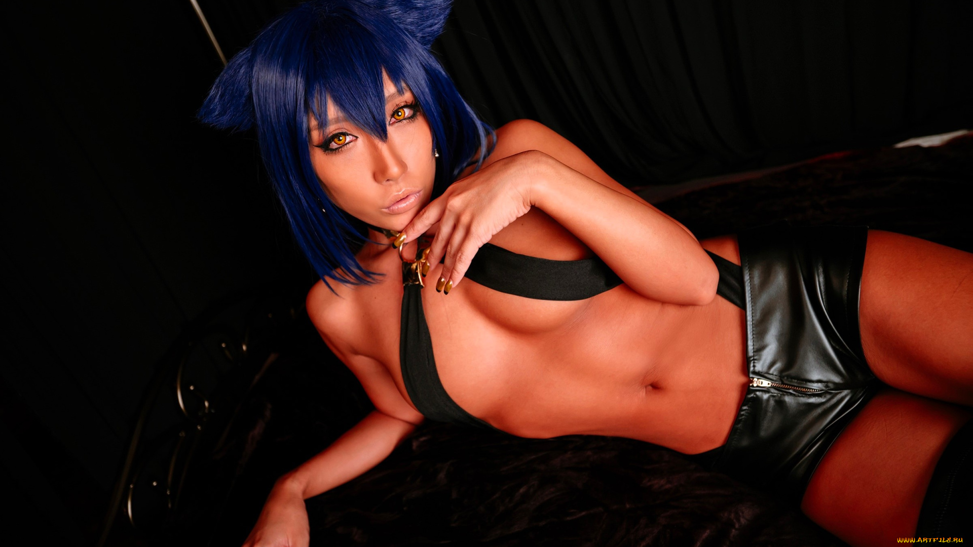 девушки, nonsummerjack, образ, ушки, синие, волосы, наряд, шорты, сапоги