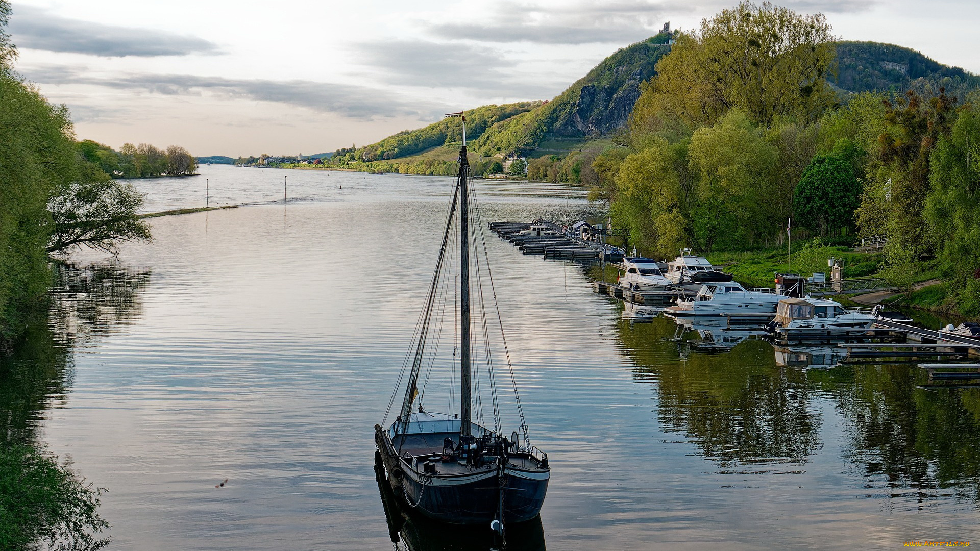 корабли, разные, вместе, горы, озеро, яхты, катера