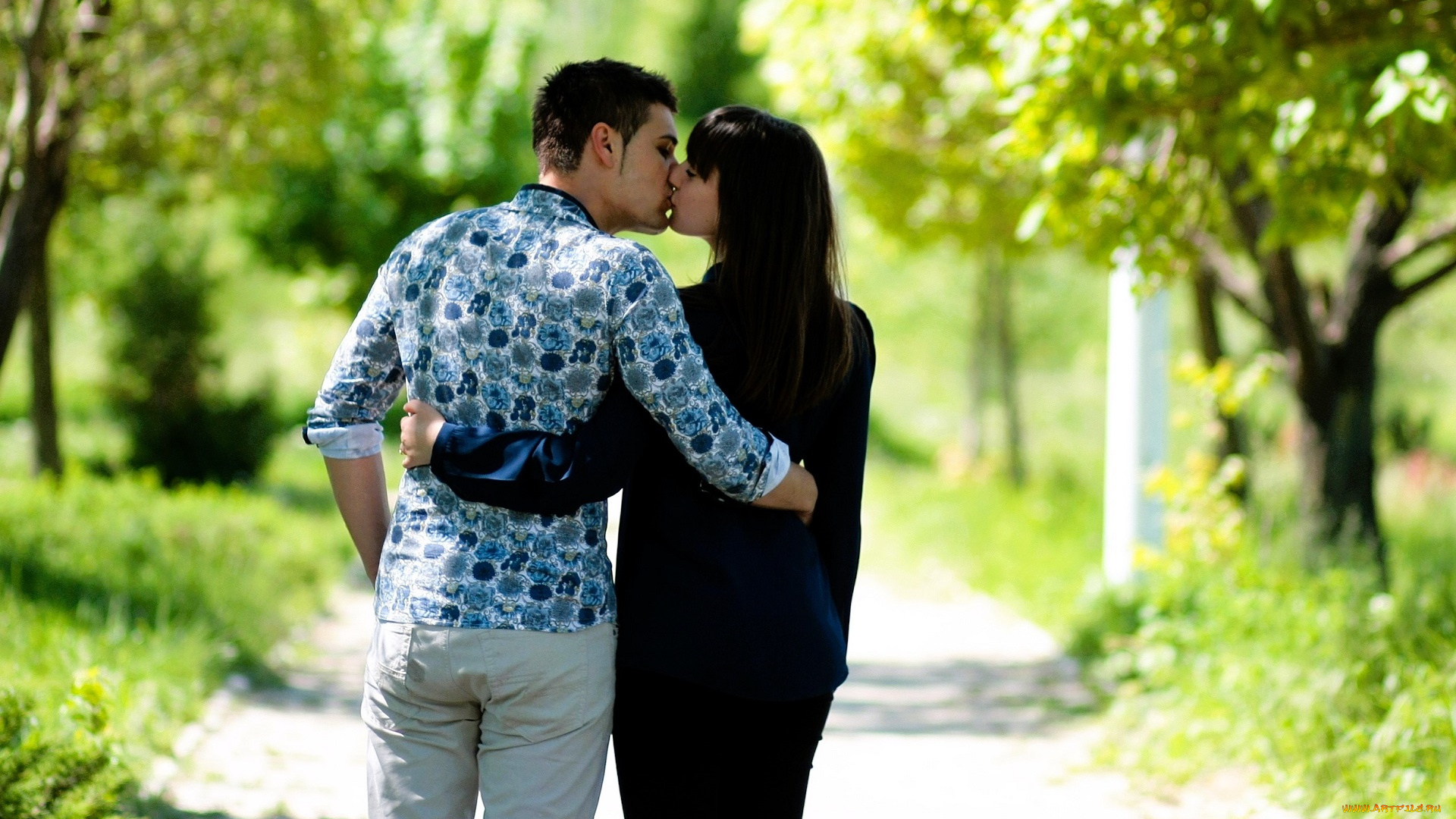 разное, мужчина, женщина, пара, поцелуй, дорога, деревья