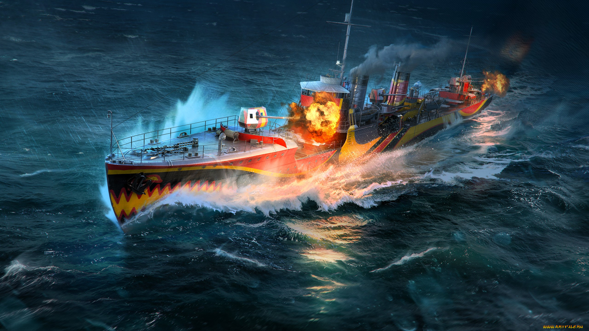 видео, игры, world, of, warships, корабль, огонь, море