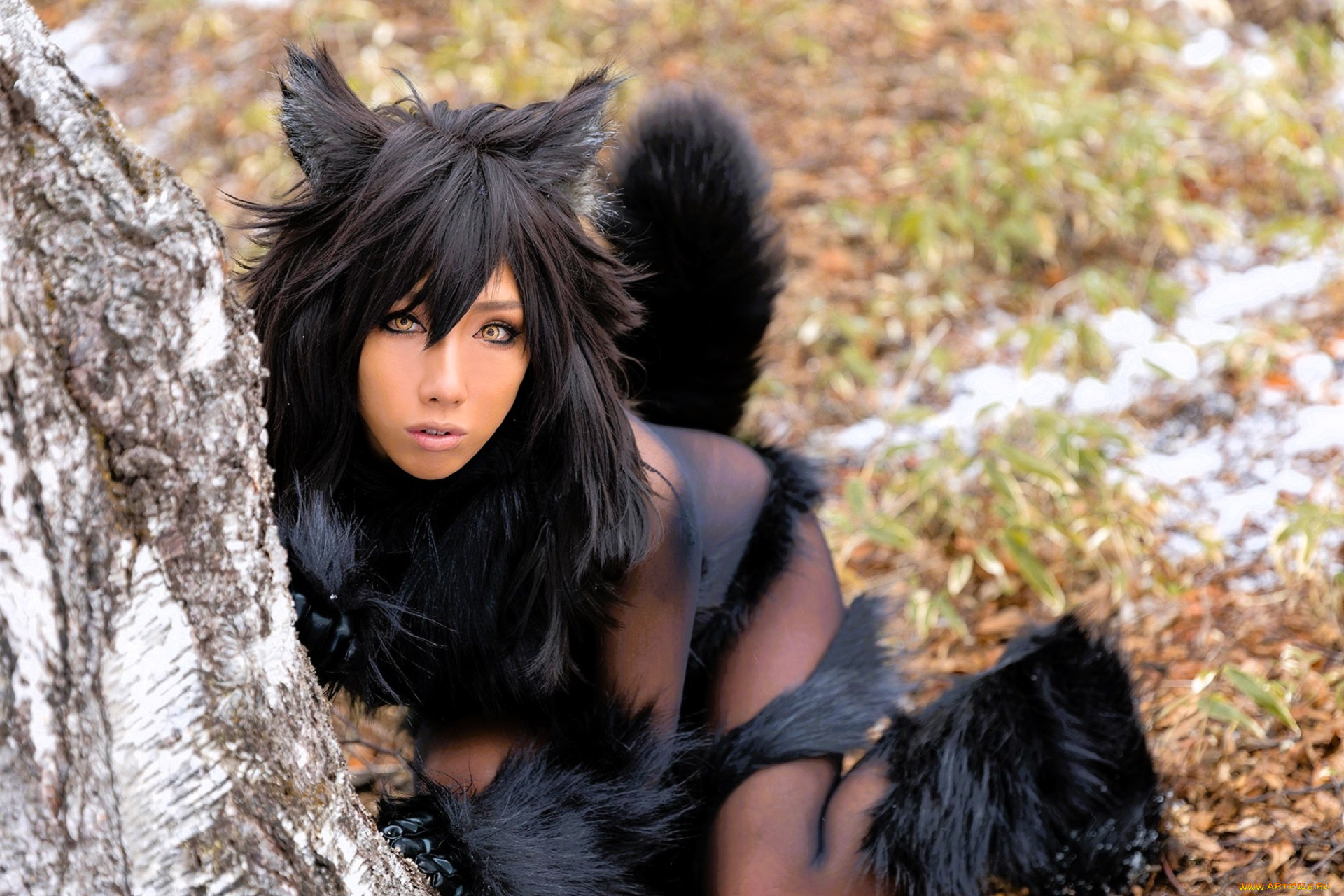 девушки, nonsummerjack, образ, косплей, наряд, мех, костюм, лес, березы, снег, ушки, хвост