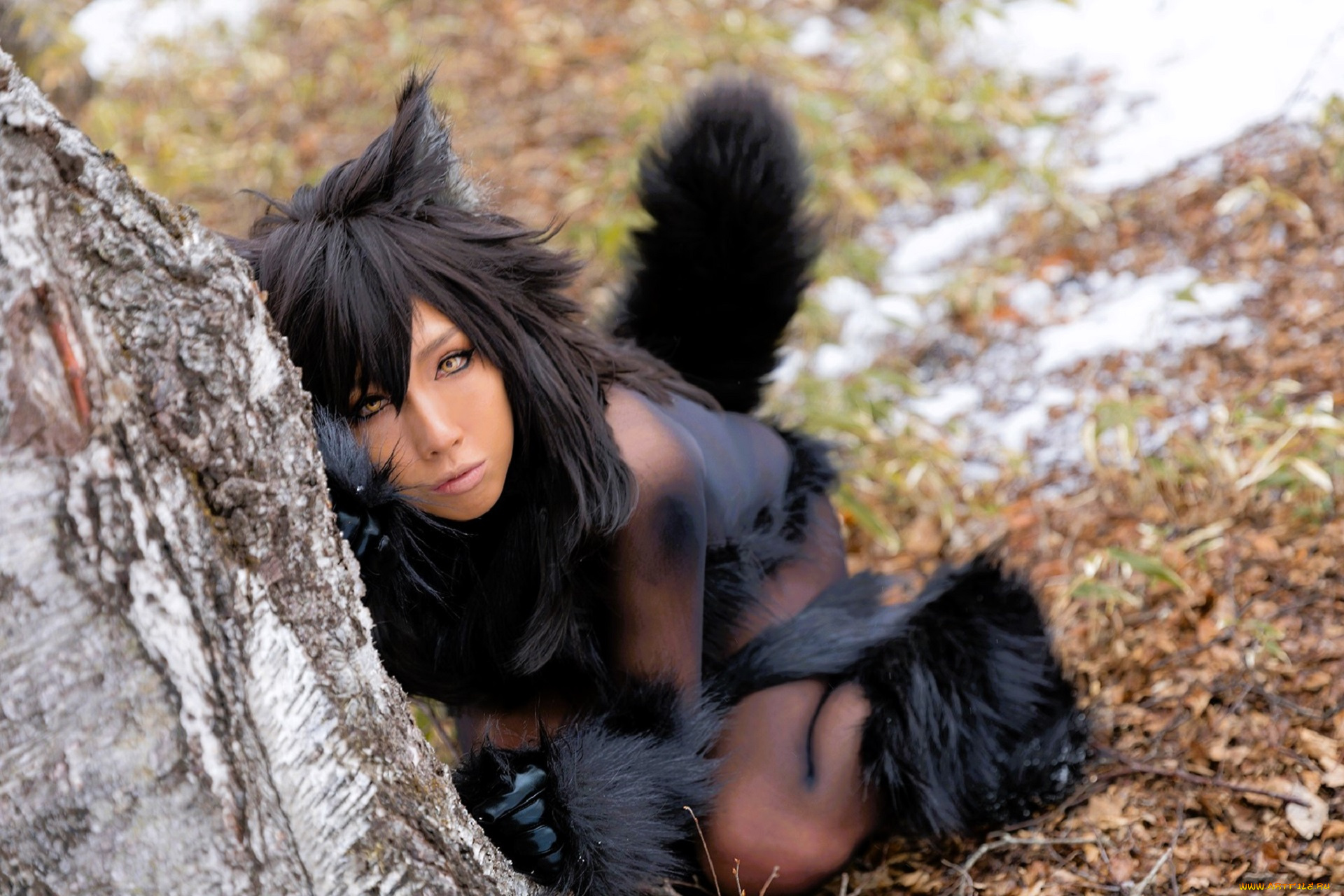 девушки, nonsummerjack, образ, косплей, наряд, мех, костюм, лес, березы, снег, ушки, хвост