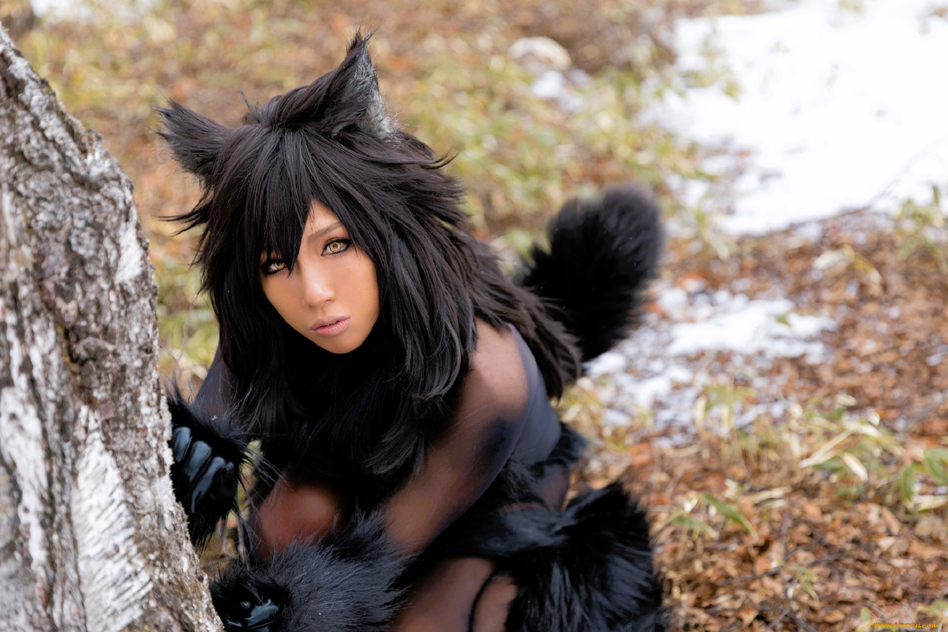 девушки, nonsummerjack, образ, косплей, наряд, мех, костюм, лес, березы, снег, ушки, хвост