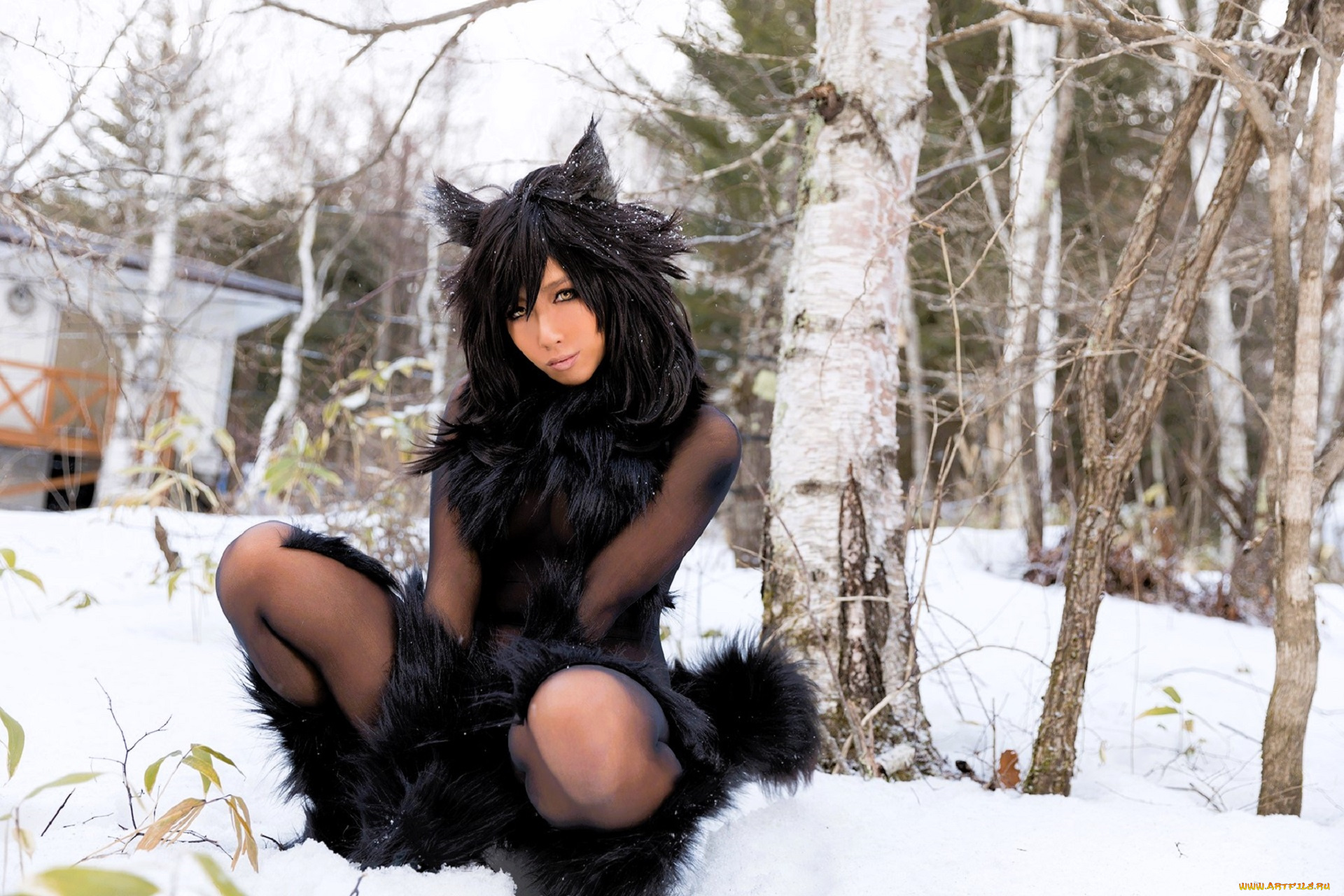 девушки, nonsummerjack, образ, косплей, наряд, мех, костюм, лес, березы, снег, ушки, хвост