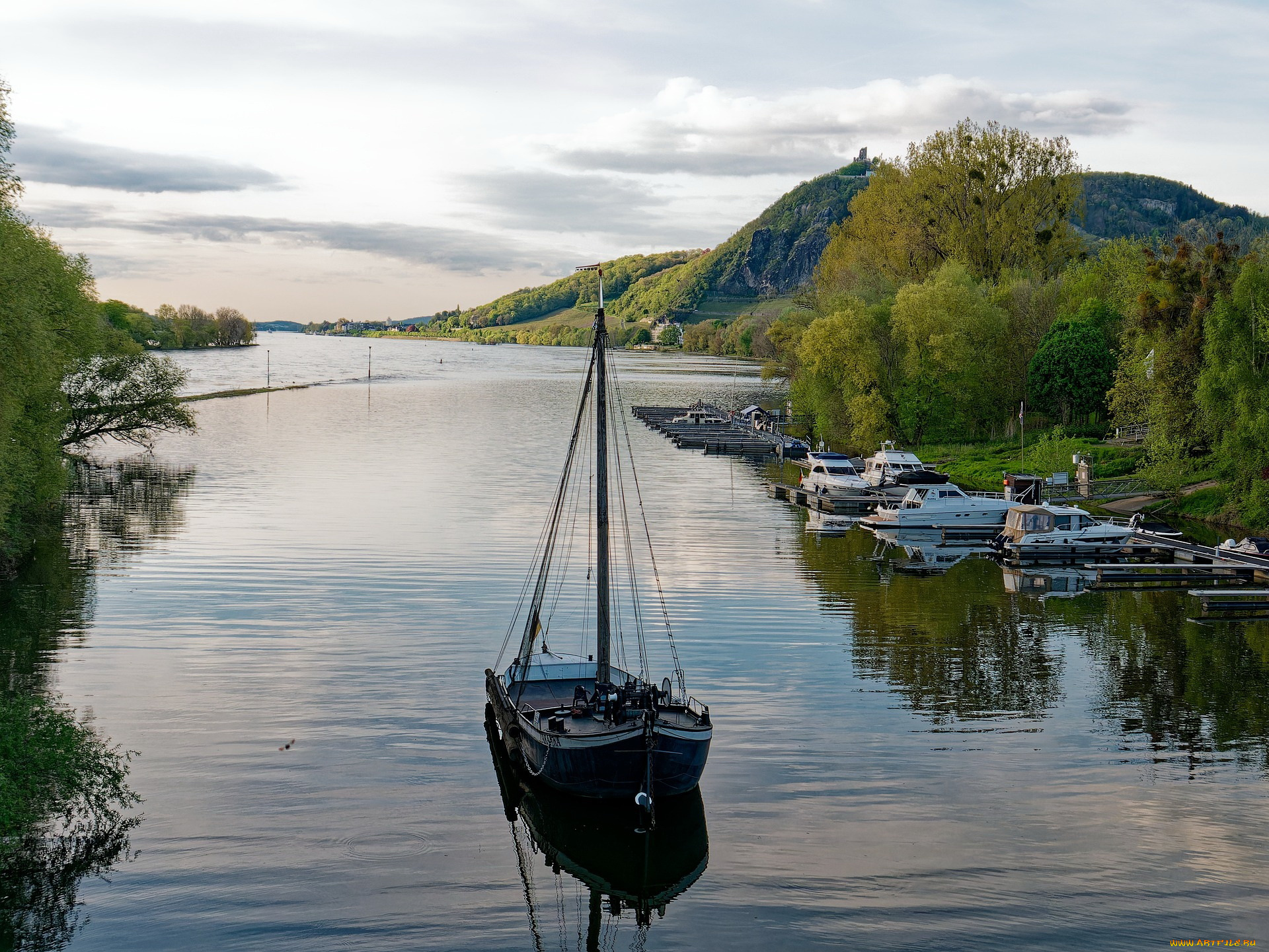 корабли, разные, вместе, горы, озеро, яхты, катера