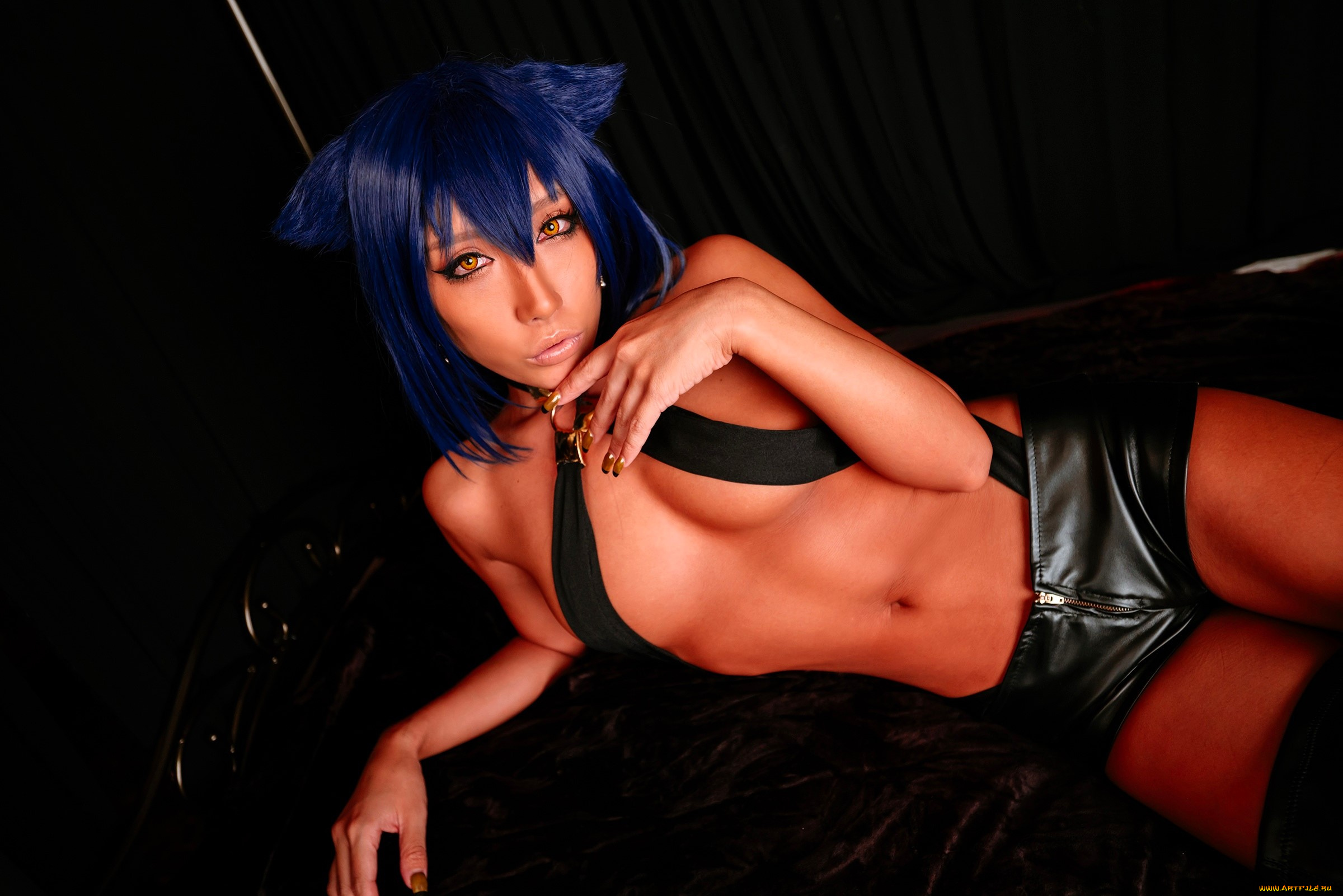 девушки, nonsummerjack, образ, ушки, синие, волосы, наряд, шорты, сапоги