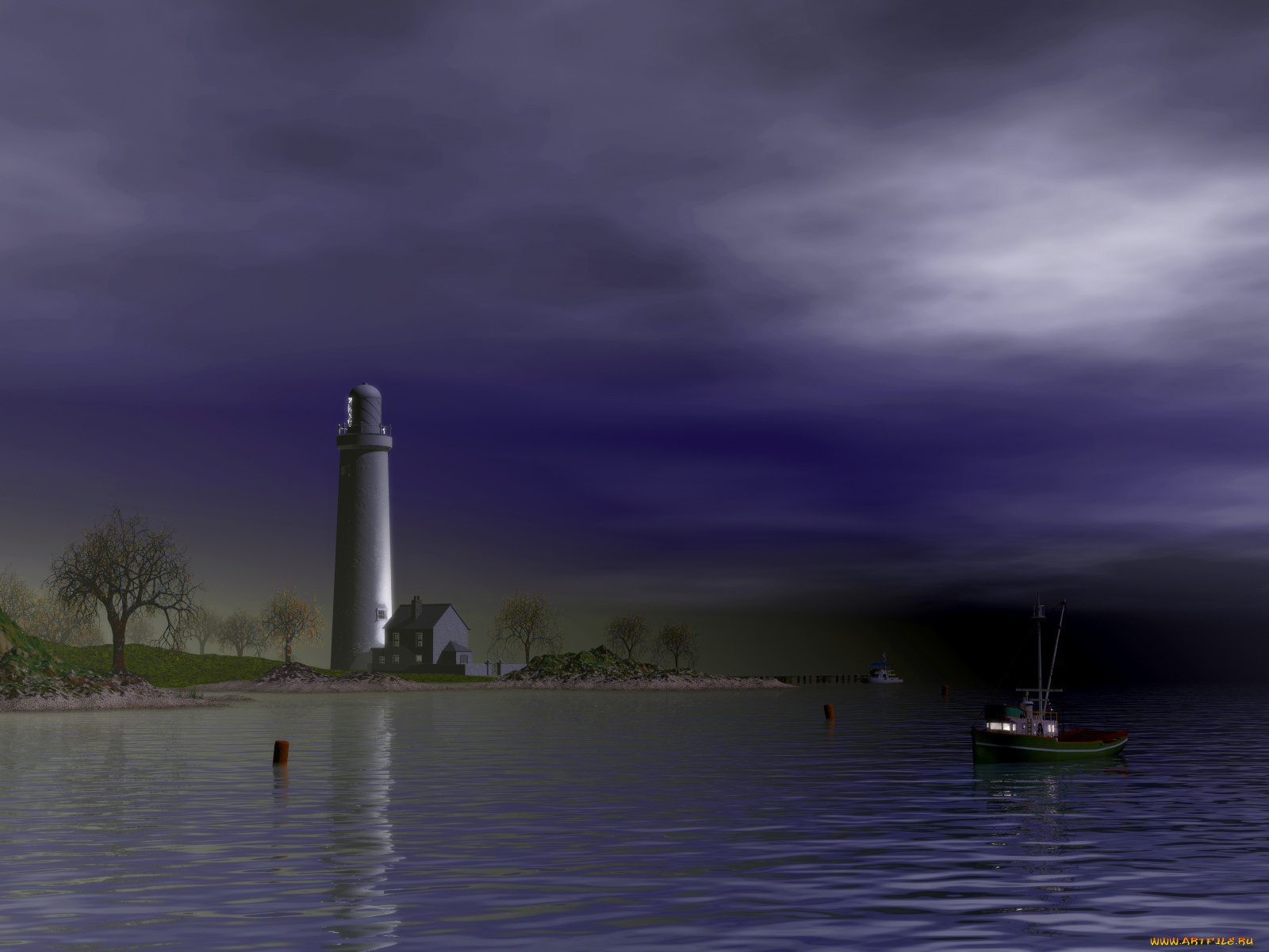 3д, графика, sea, undersea, море, деревья, маяк, корабль