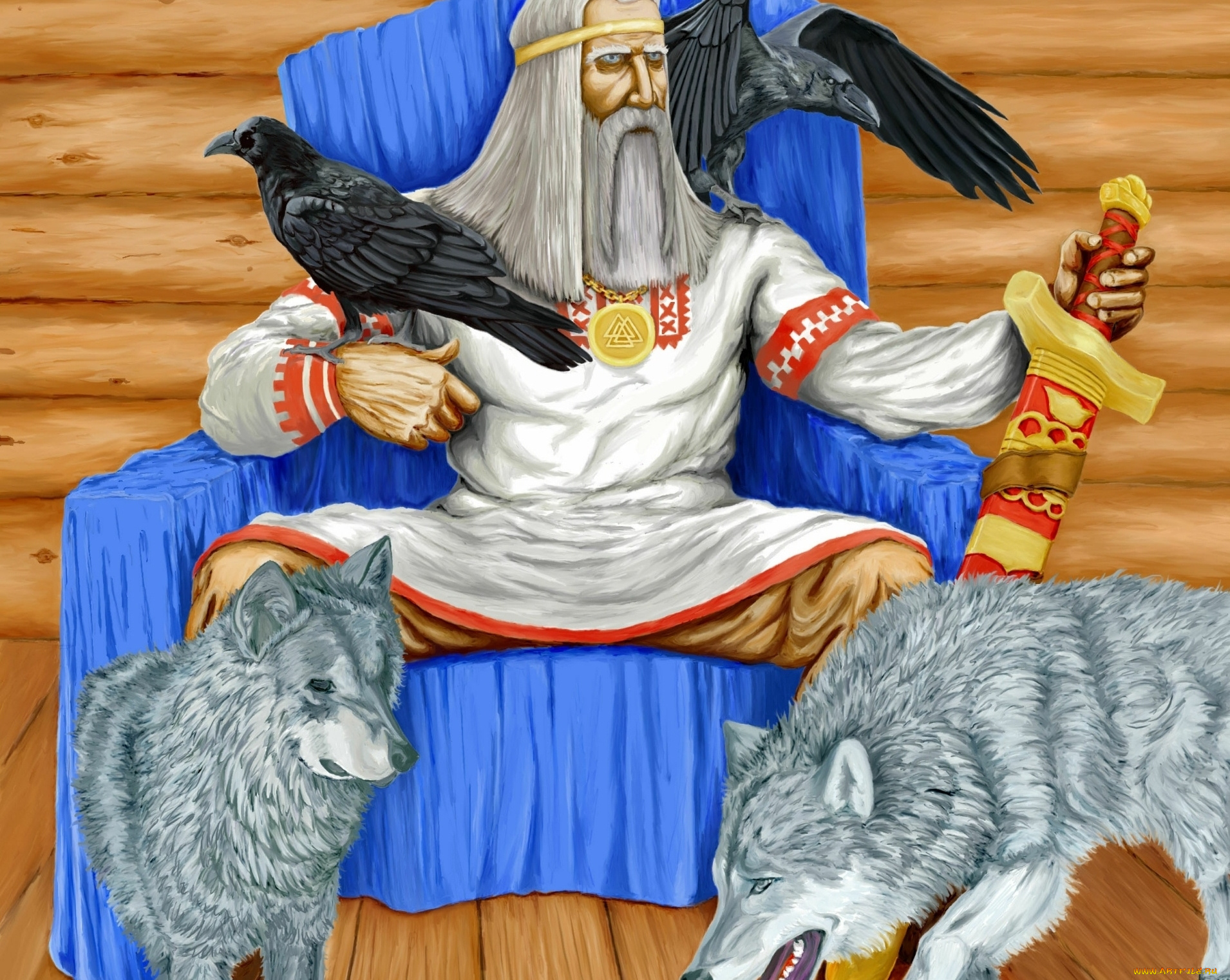 рисованные, люди, старый, хрофт, волк, ворон, меч