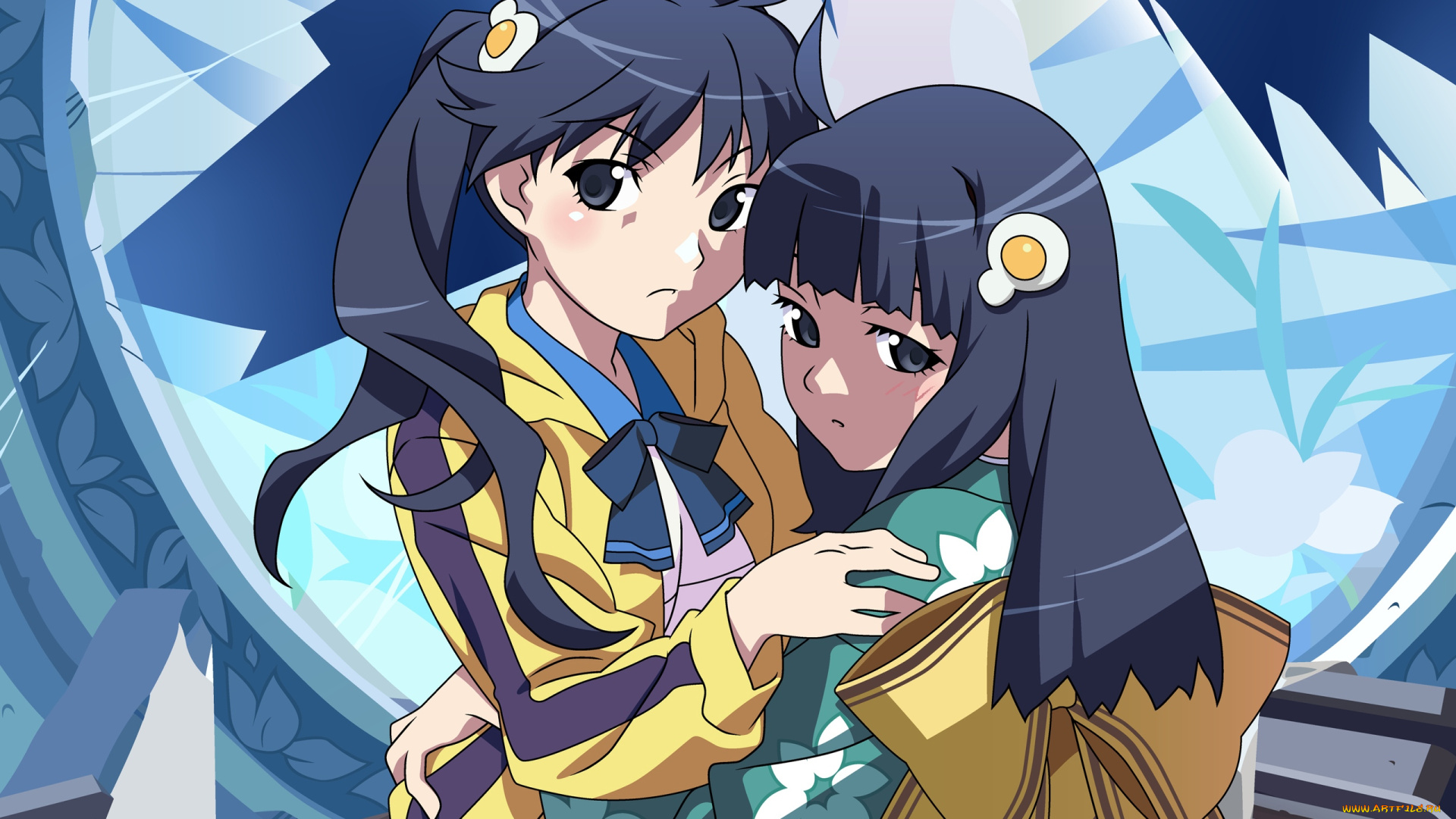 аниме, bakemonogatari, araragi, karen, araragi, tsukihi, девушки, форма, кимоно, заколка, зеркало, осколки