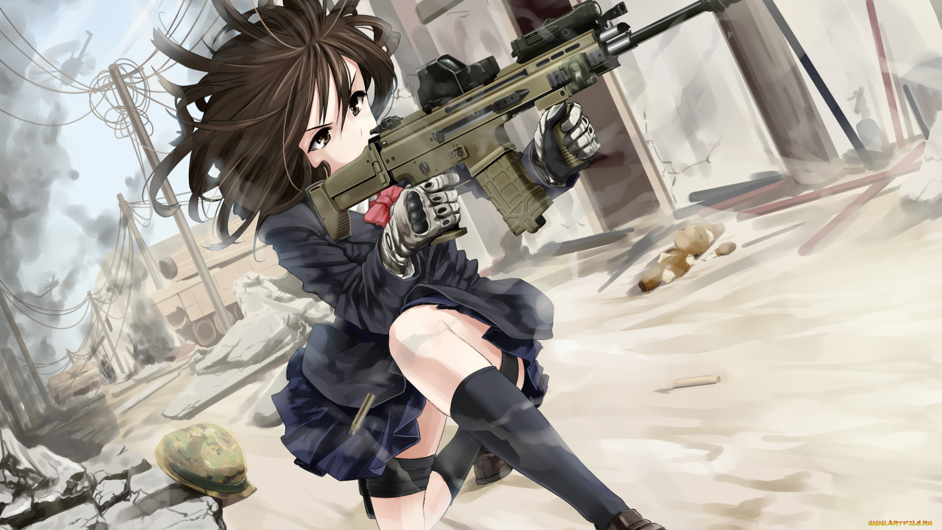 аниме, weapon, blood, technology, девушка, школьная, форма, каска, автомат, scar, l, улица