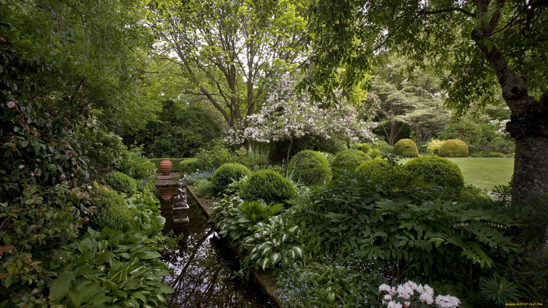 природа, парк, водоем, деревья, цветы