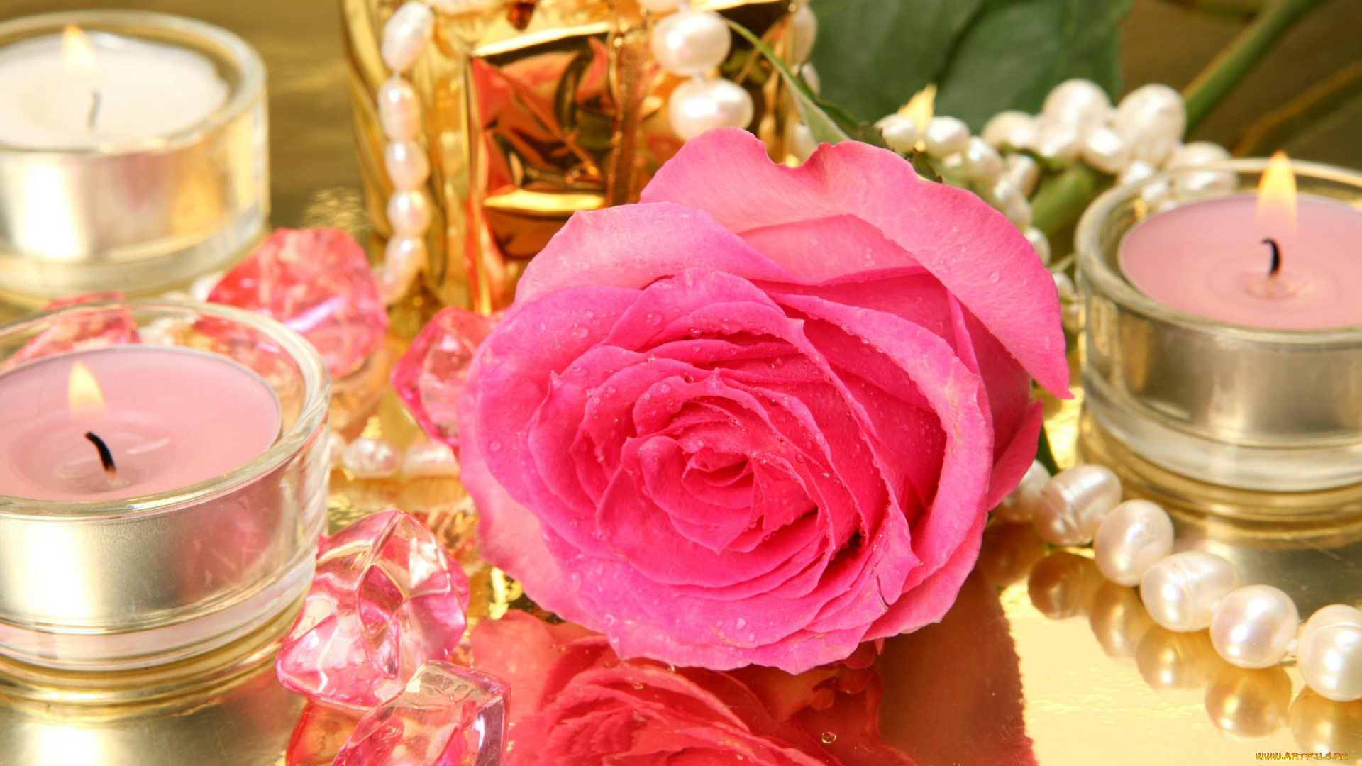 разное, свечи, роза, жемчуг