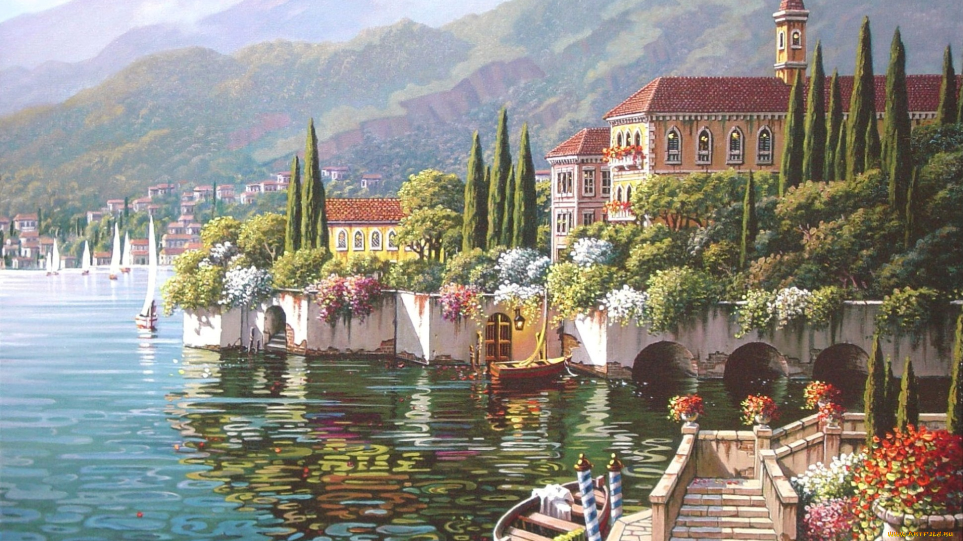 verenna, reflection, рисованные, bob, pejman, comune, varenna, italy, painting, town, view, village, lake, como, houses, cypress