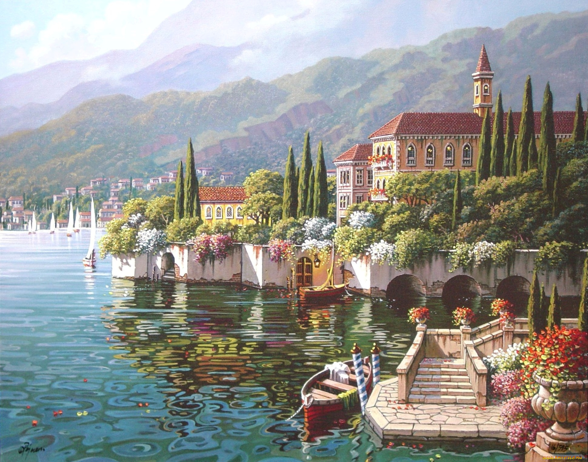 verenna, reflection, рисованные, bob, pejman, comune, varenna, italy, painting, town, view, village, lake, como, houses, cypress