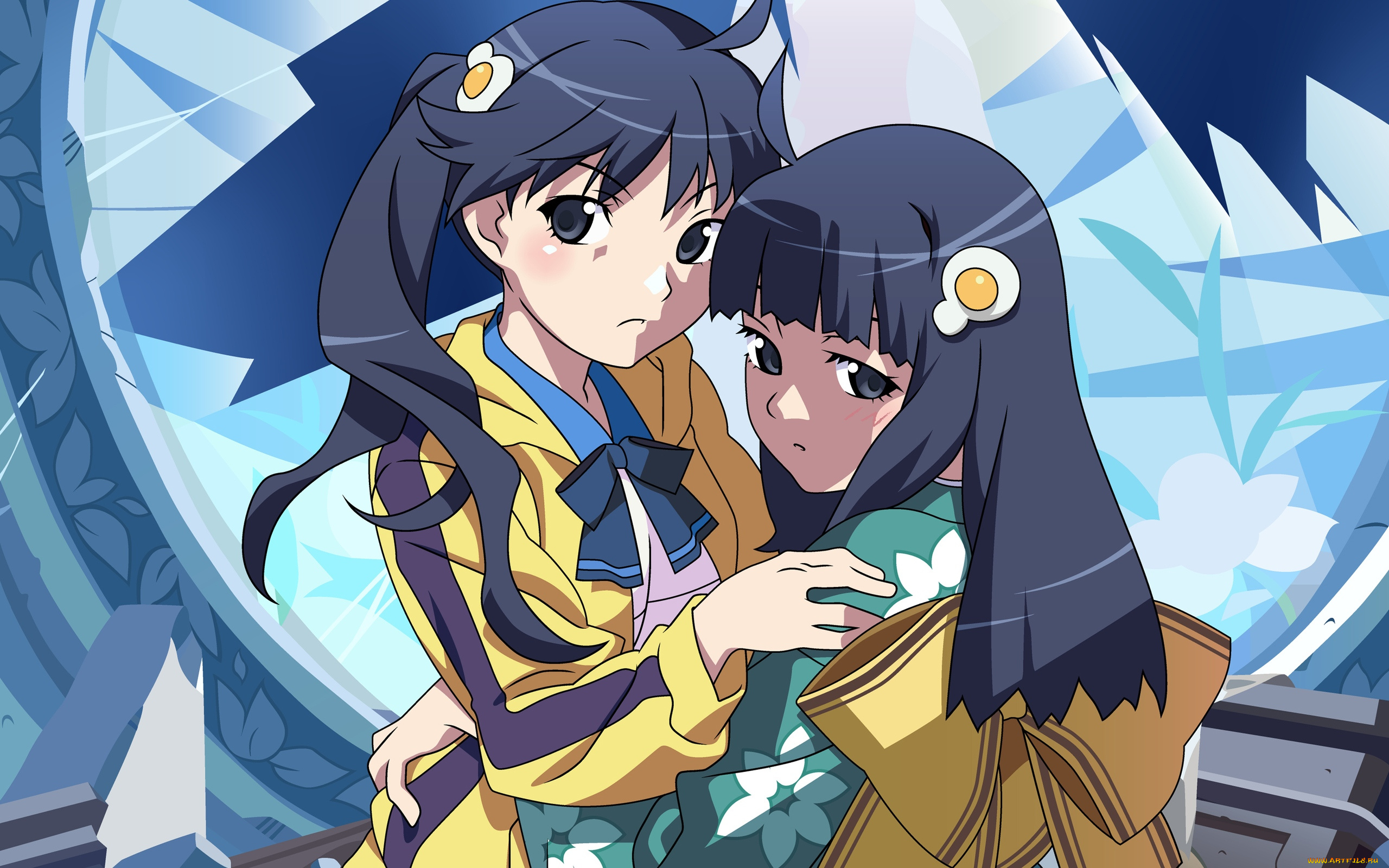 аниме, bakemonogatari, araragi, karen, araragi, tsukihi, девушки, форма, кимоно, заколка, зеркало, осколки