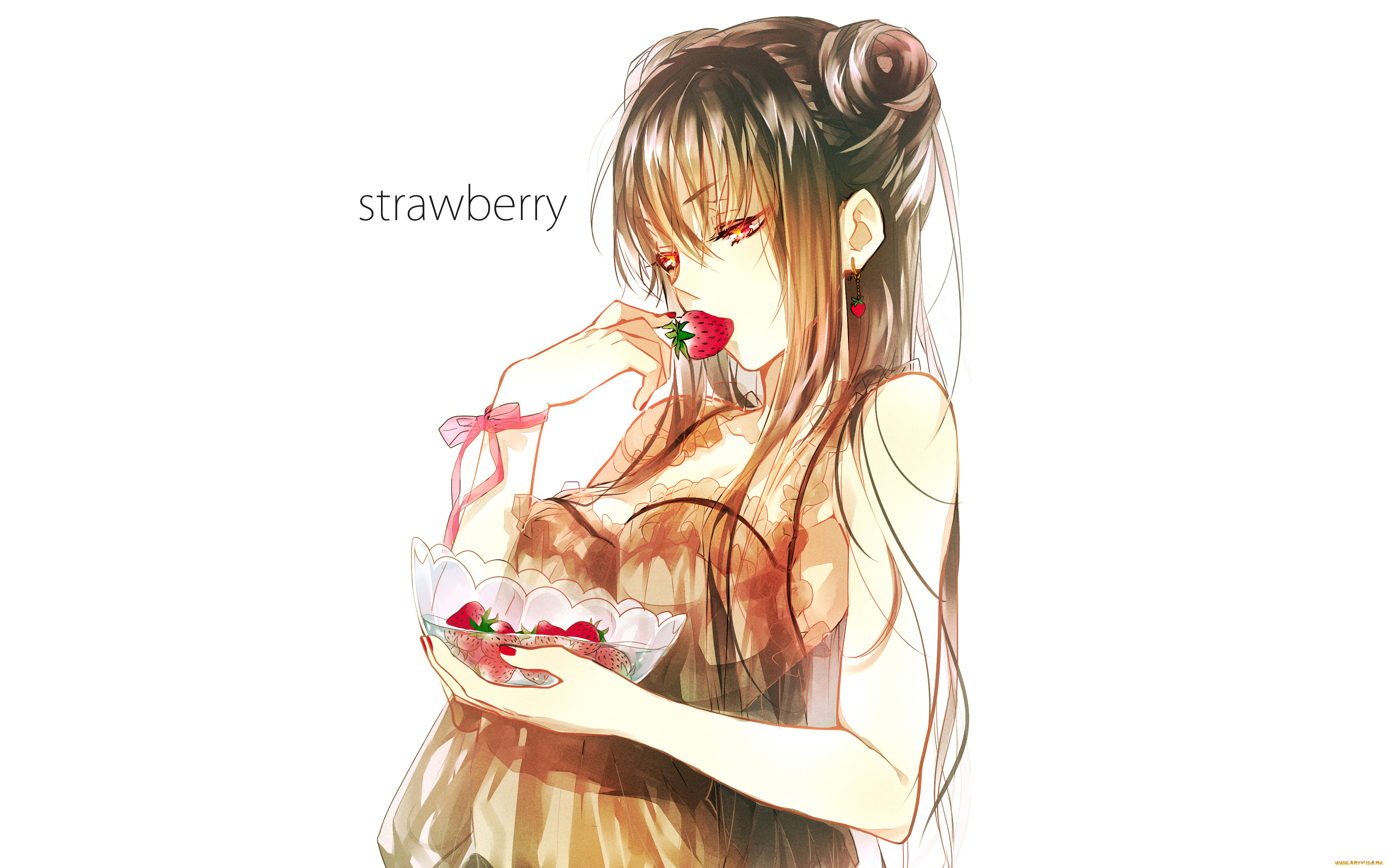 аниме, *unknown, другое, клубника, бант, белый, фон