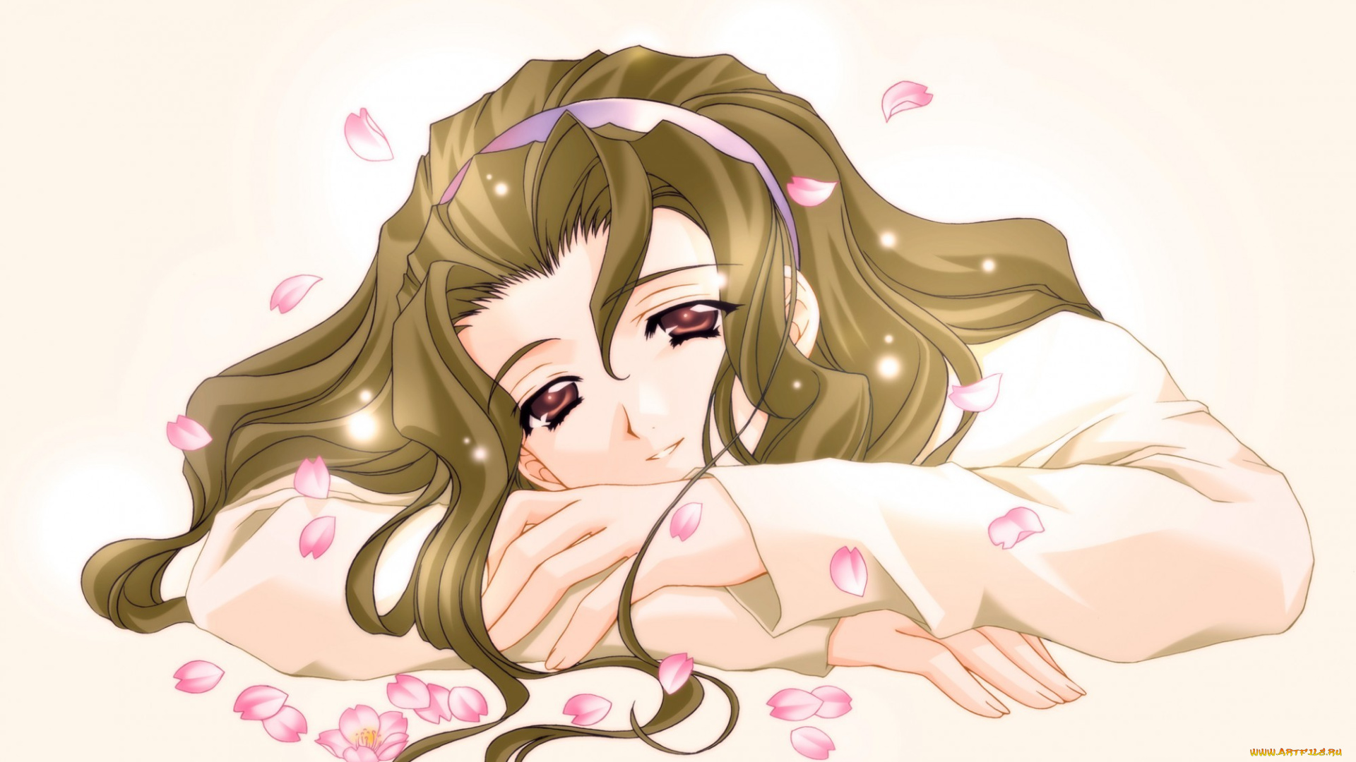 аниме, carnelian, лежа, девушка, арт, фон, лепестки