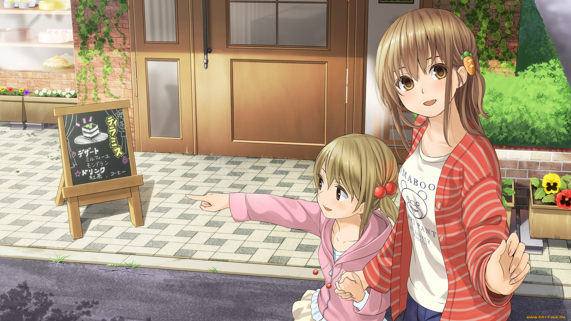 аниме, город, , улицы, , здания, мольберт, растение, кафе, девочки, yoropa