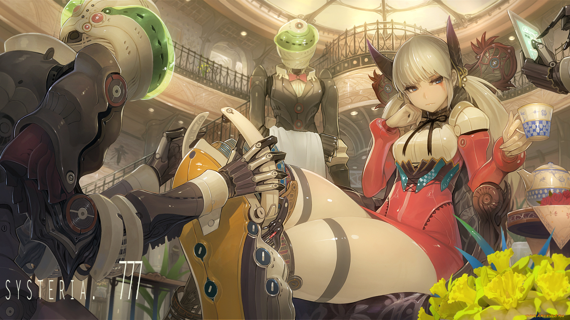 аниме, оружие, , техника, , технологии, цветы, одевание, девушка, ladic, арт, сидя, роботы, меха, грусть, чай, нарциссы