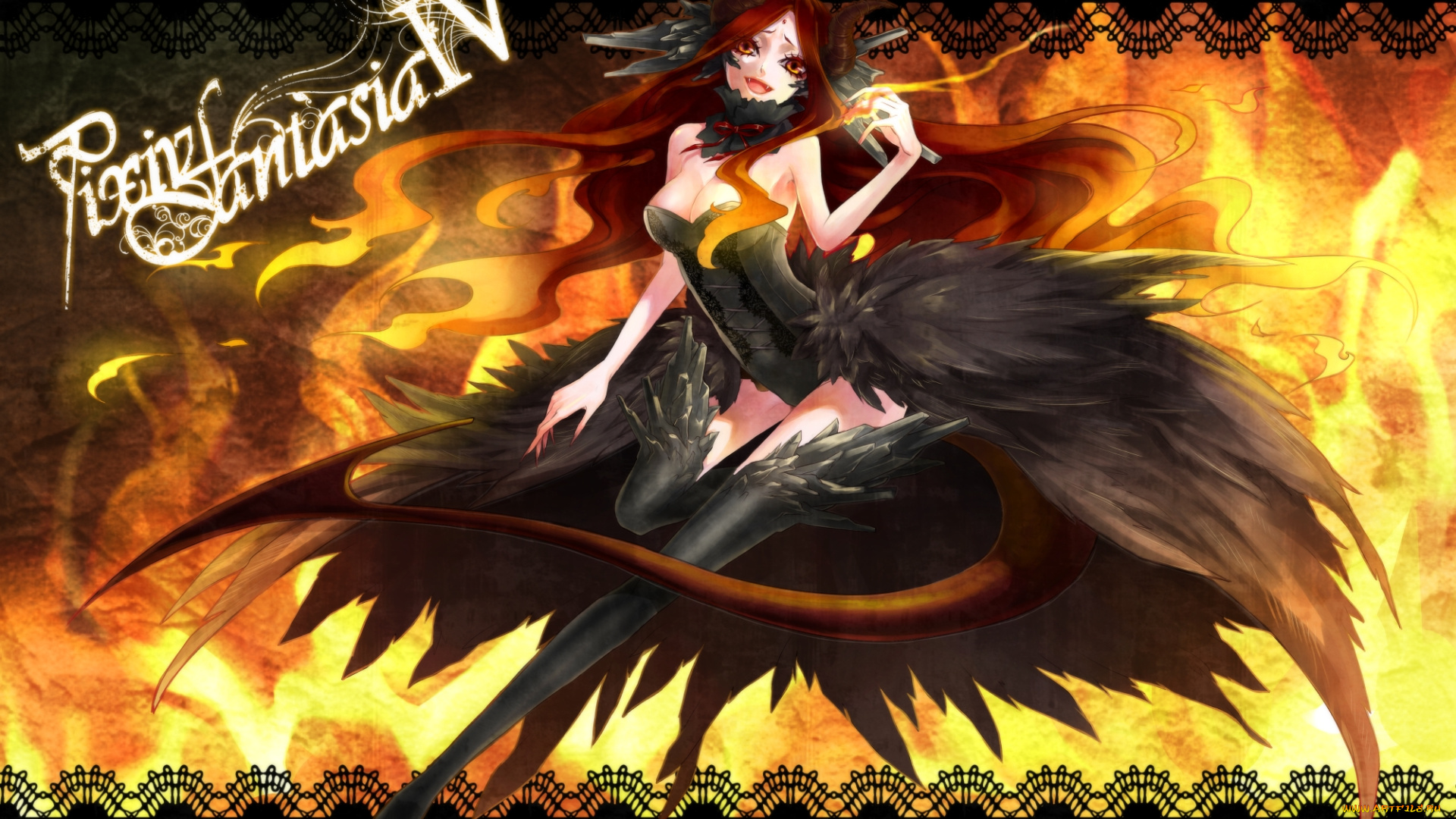 аниме, pixiv, fantasia, демон, sasama, keiji, девушка, платье, огонь, pixiv, fantasia