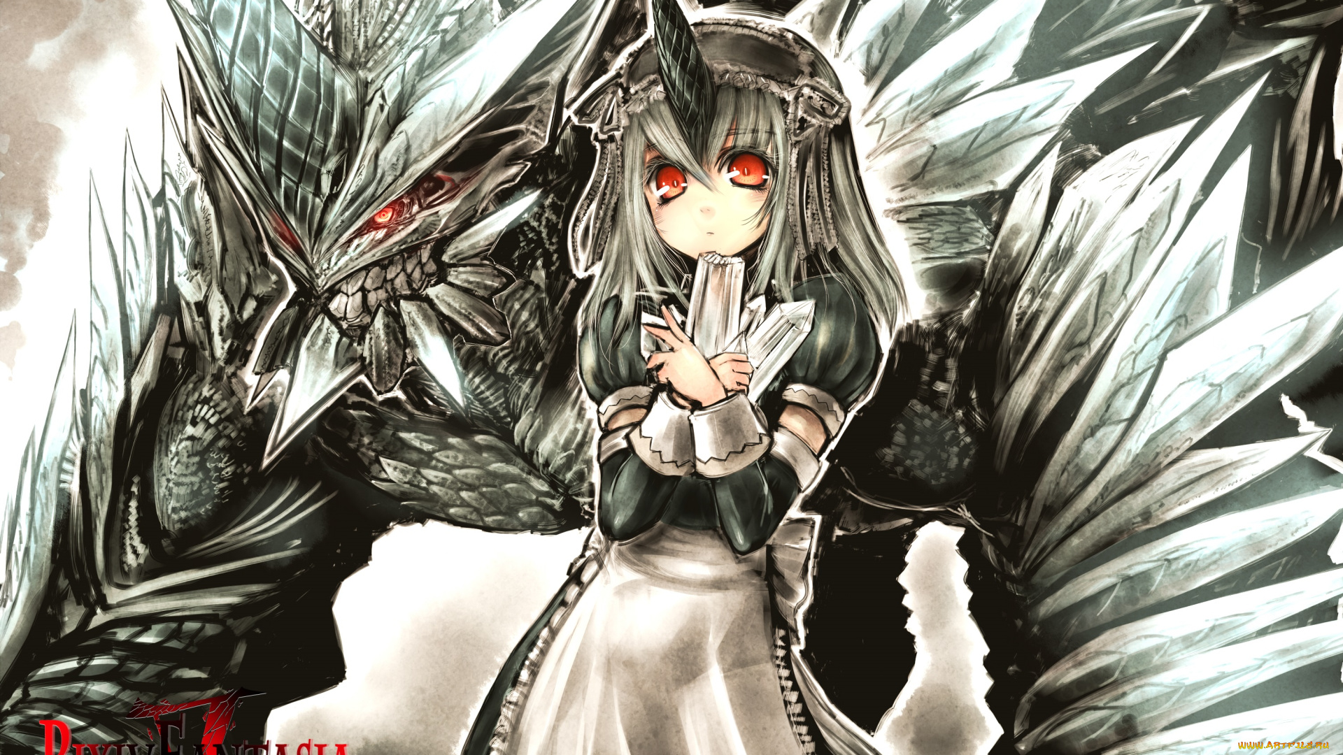 аниме, pixiv, fantasia, девушка, kotoba, noriaki, pixiv, fantasia, арт, дракон, кристаллы