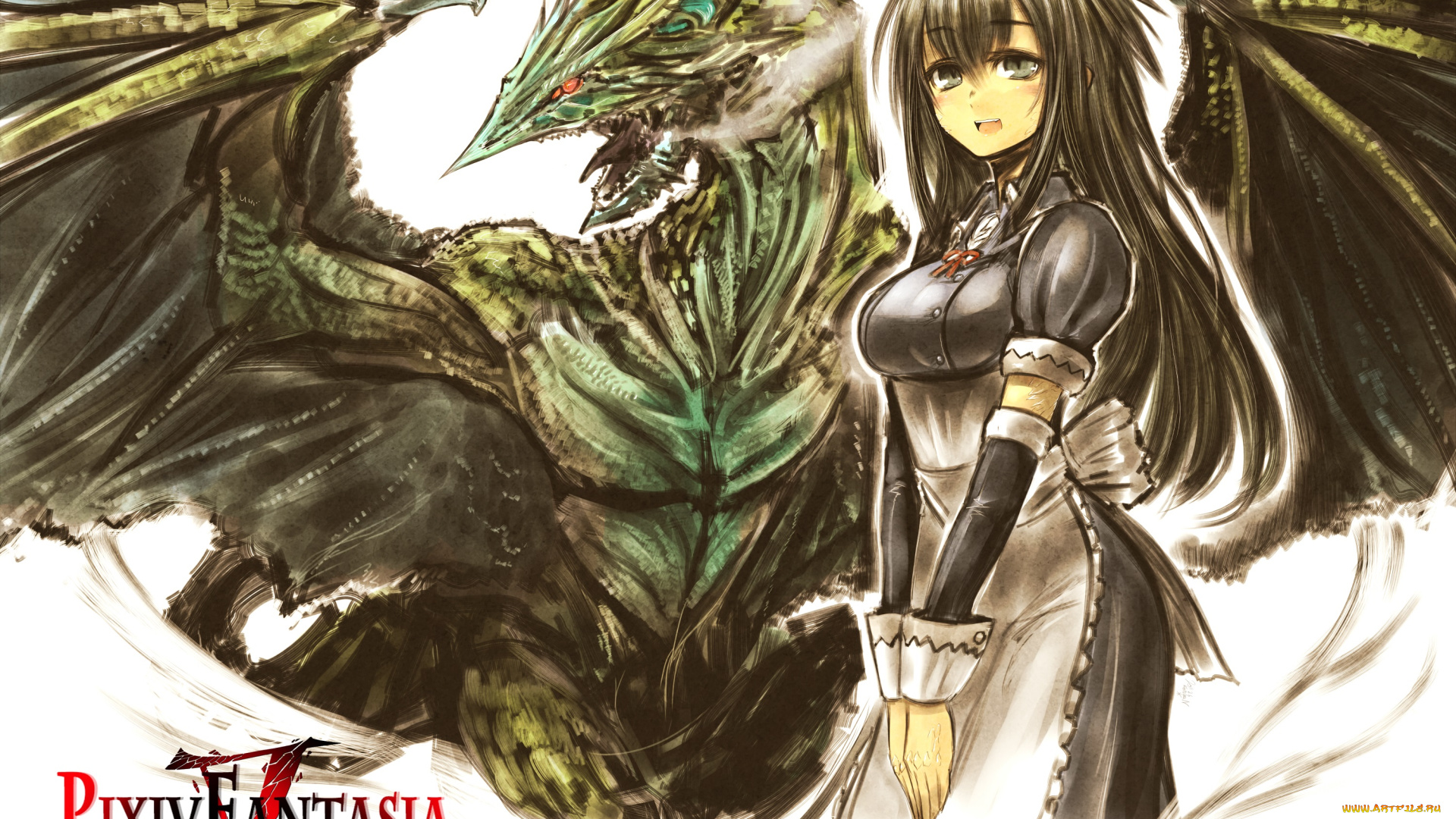 аниме, pixiv, fantasia, девушка, kotoba, noriaki, pixiv, fantasia, дракон