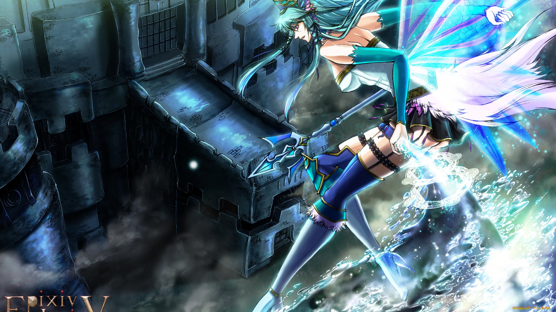 аниме, pixiv, fantasia, pixiv, fantasia, арт, tagme, artist, замок, девушка, магия, вода, копьё