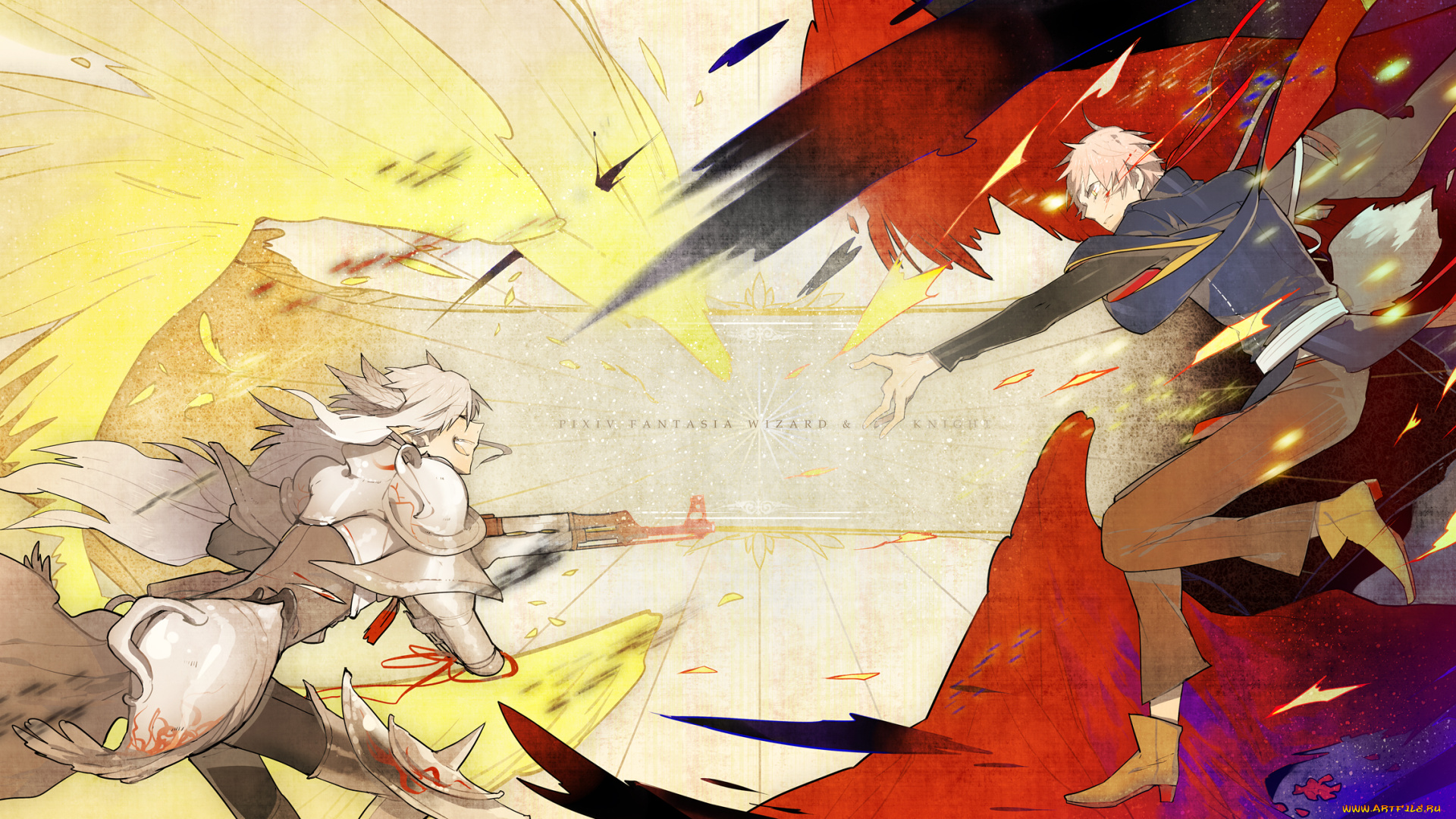 аниме, pixiv, fantasia, pixiv, fantasia, крылья, оружие, мужчина, девушка, kaninn